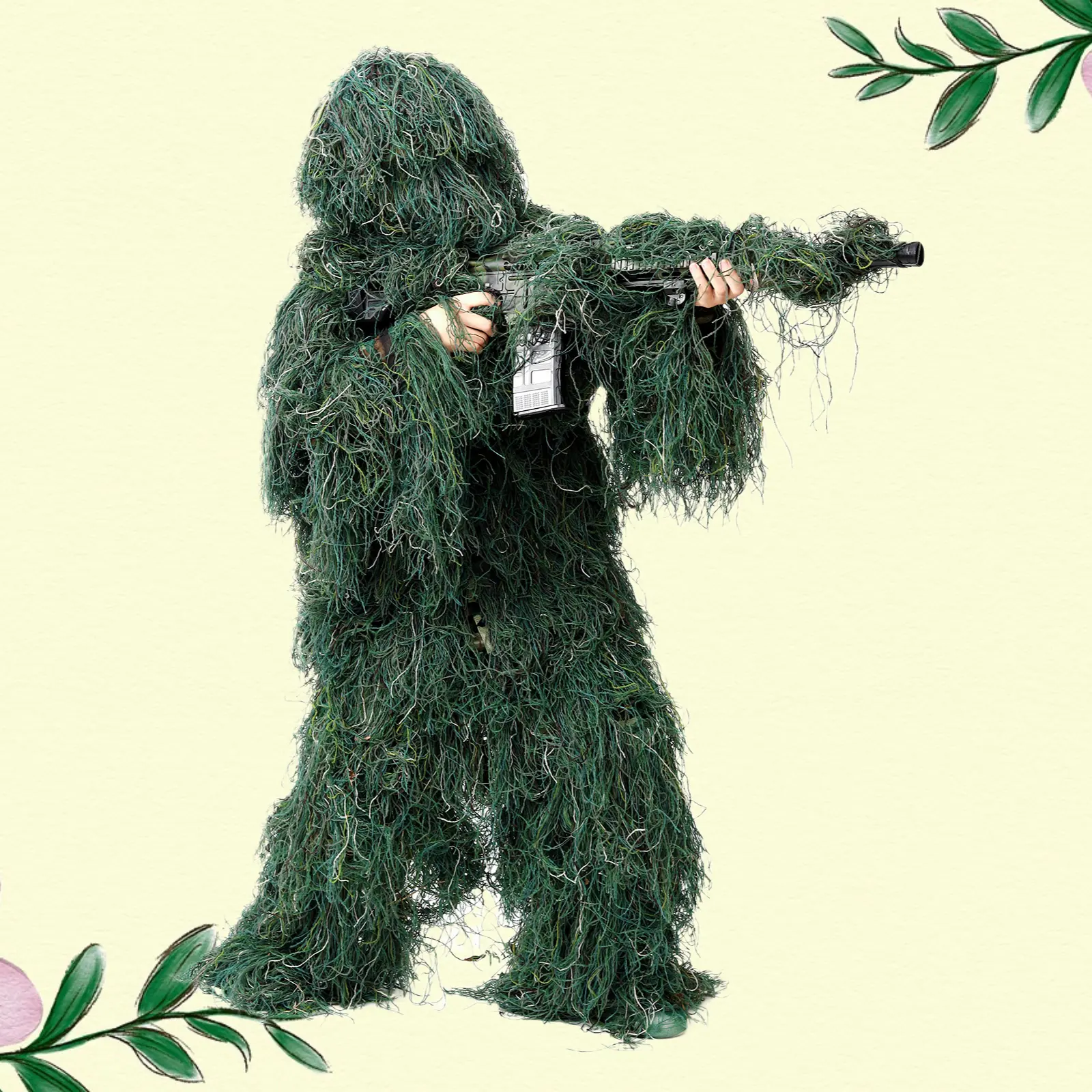 Adult 3D Texture Multi-Camo Ghillie Suit, Outdoor Camouflage Stealth Outfit for Men’s Simulation Outdoor Activities (Snow, Jungle, Desert Compatibility)