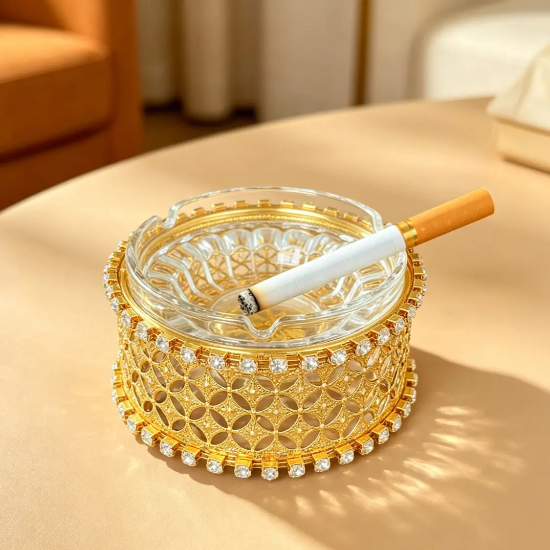 Round Detachable Clear Glass Cigarette Ashtray with Rhinestone Hollow Golden Metal Sleeve, Bling Crystal Wrought Iron Frame Smoking Ash Tray for Living Room Coffee Table Bar Home Decor Ornament