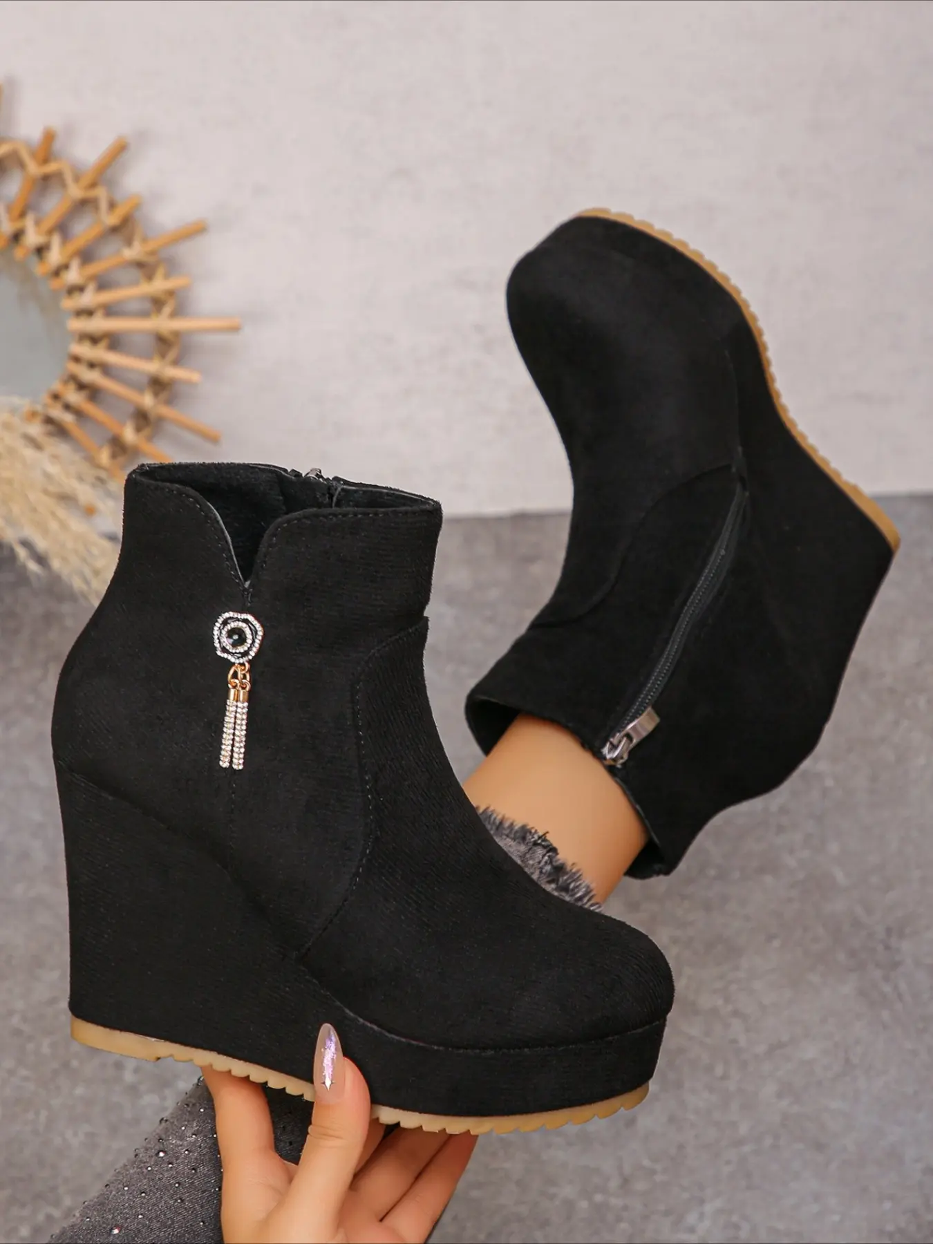Black suede wedge ankle boots with side zipper rhinestone flower decoration thick platform heightening winter fashion women boots