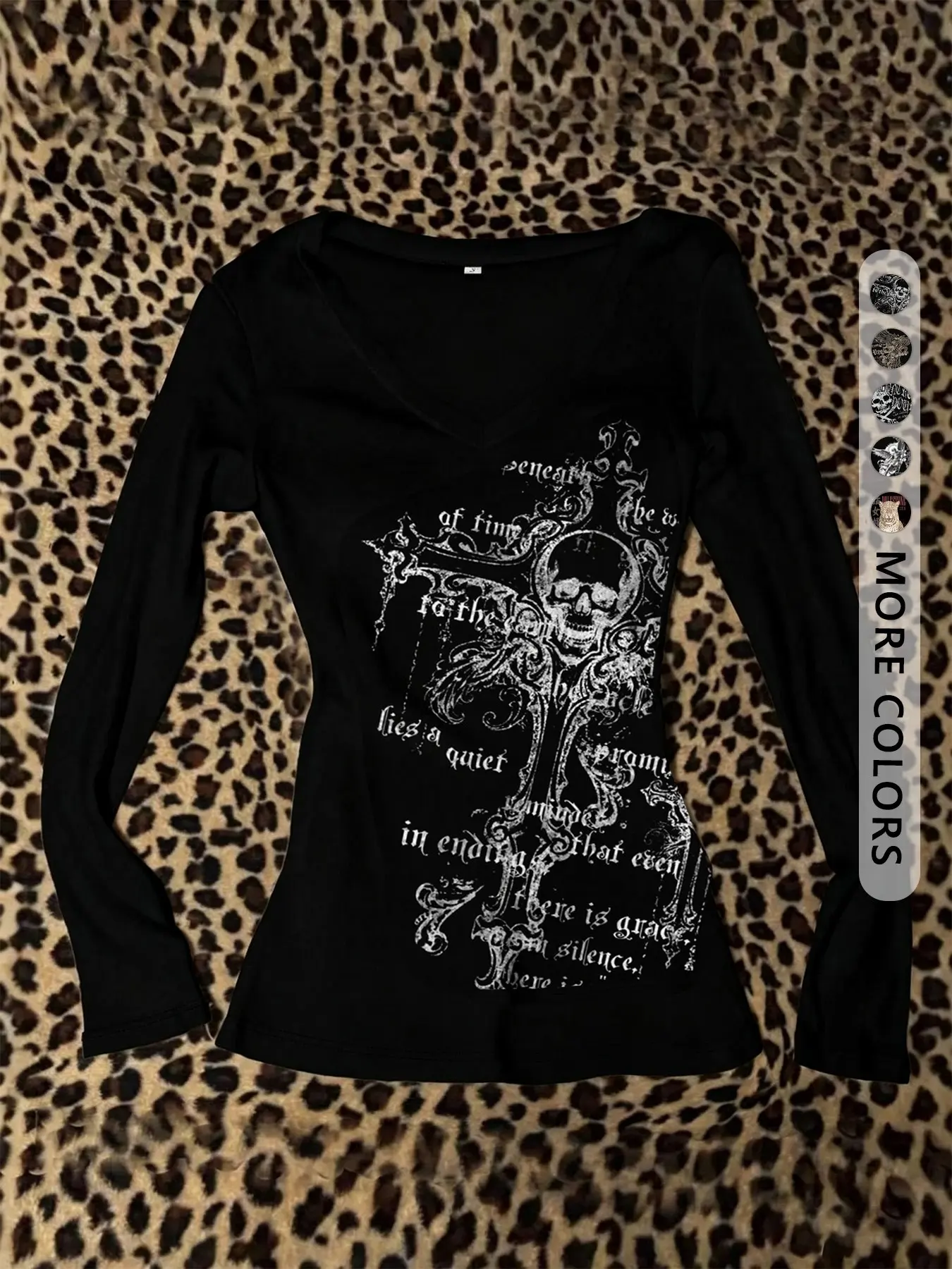 Women's Punk Graphic V-Neck Long Sleeve T-Shirt, Skull Cross Pattern, All Seasons, Y2K Streetwear, Gothic Style, Casual Fashion