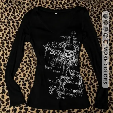 Women's Punk Graphic Long Sleeve T-Shirt, V-Neck Fitted Tee, Skull & Cross Print, Vintage Y2K Street Style, All Seasons Casual Wear, Casual Fitted Streetwear