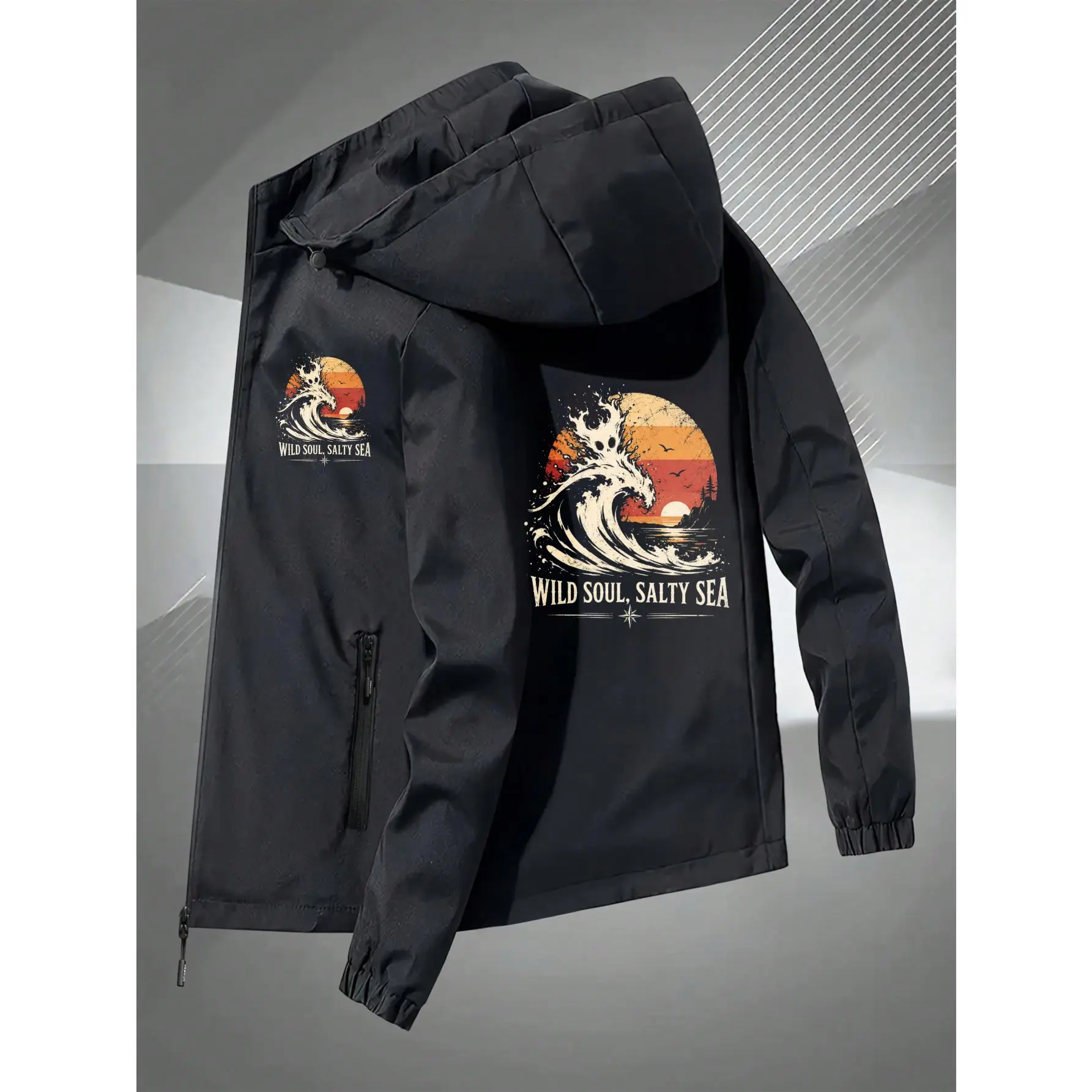 New Couple Jacket, Retro Sunset Wave Print, Vintage Outdoor Style, Windbreaker Hooded Coat, Wild Soul Salty Sea Graphic Design