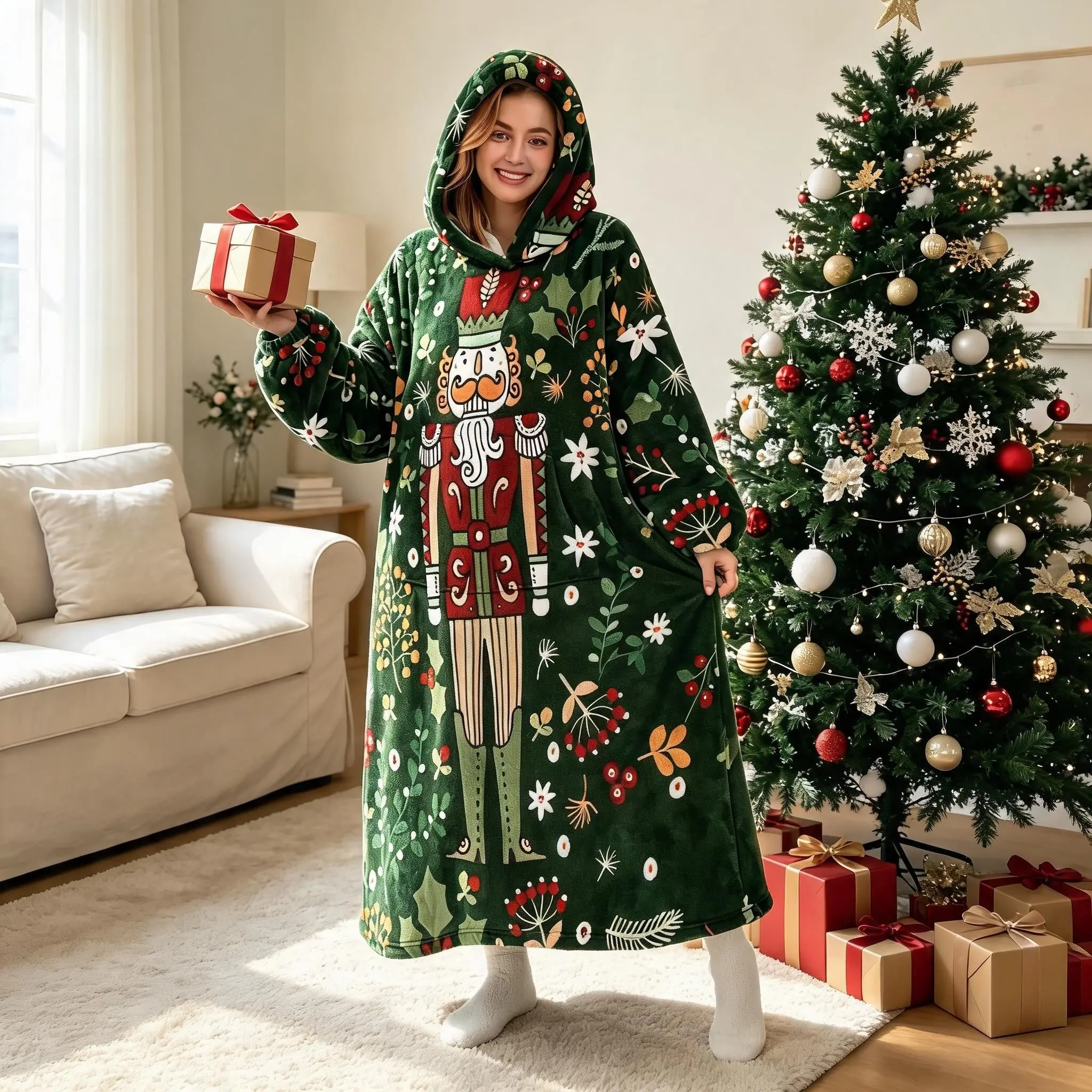Unisex Flannel Long Sleep Robe, Deep, Nutcracker Floral Berry Print, Large Pockets, Loose Fit, Christmas Theme, Home Wear