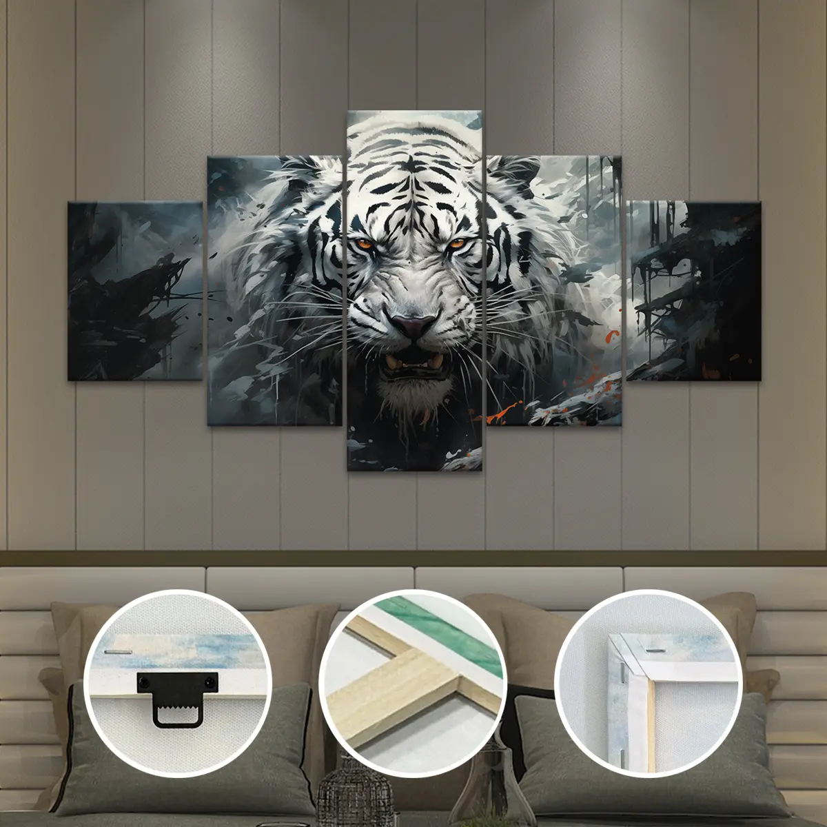 2Dt P Flaainting, 5-Piece Wooden Framed Canvas Print Set With Striking White Tiger Design, Perfect For Home Decoration. Ideal Choice To Elevate The Ambience Of Living Rooms, Bedrooms, Offices And Dining Rooms.