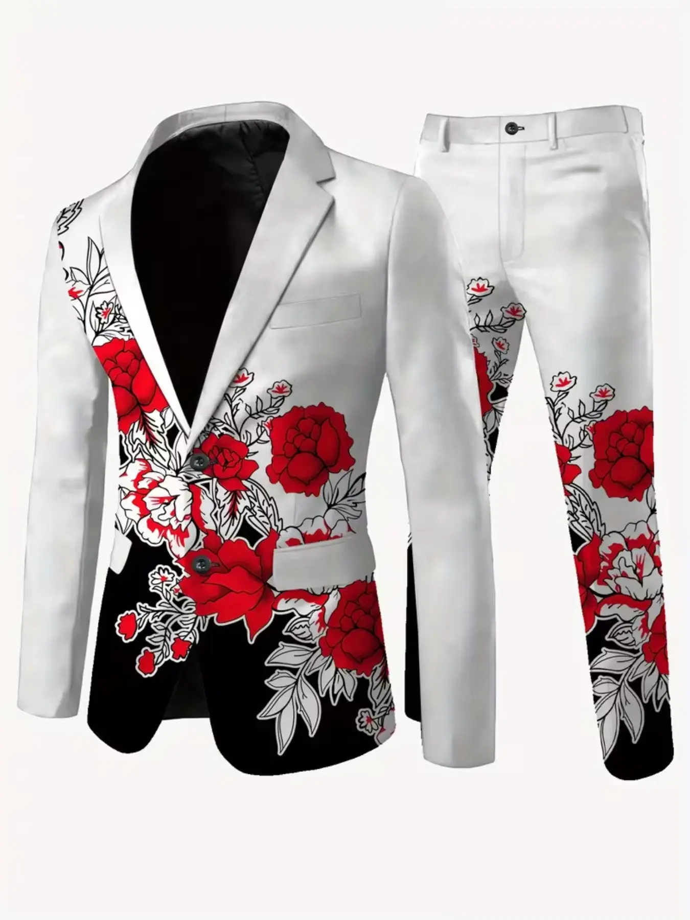 Men's Two-Piece Trendy Floral Blazer Set, Peony Pattern, Slim-Fit Business, Party Stage Performance Dress