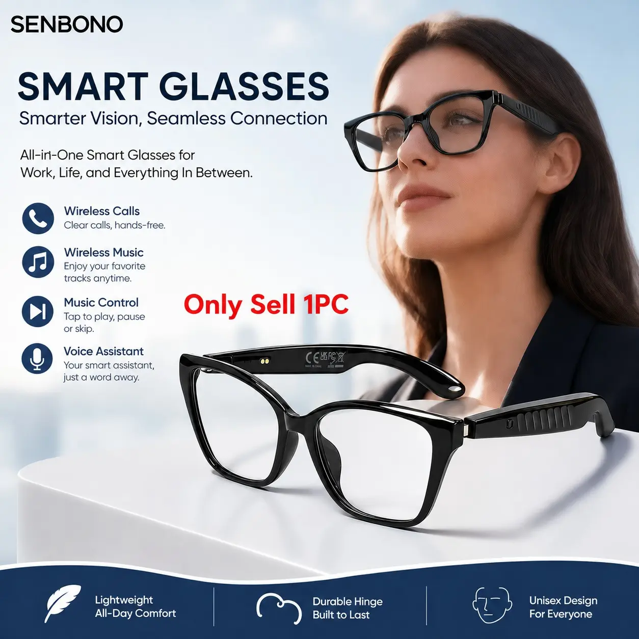 Senbono Smart Bluetooth Audio Glasses with Call & Music Playback, Stable BLE 5.4 Connection, Dual Magnetic Fast Charging, Ultra Light 28g Comfort Fit, Ideal for Driving, Cycling & Business Travel