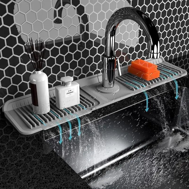 TerraGlow Living Customized Cleaning Splash Guards, Silicone Kitchen Sink Faucet Mat with Button-Lock Draining Mat, Foldable 18/24 in Food-Grade Eco-Friendly Sink Protection & Drying Accessory