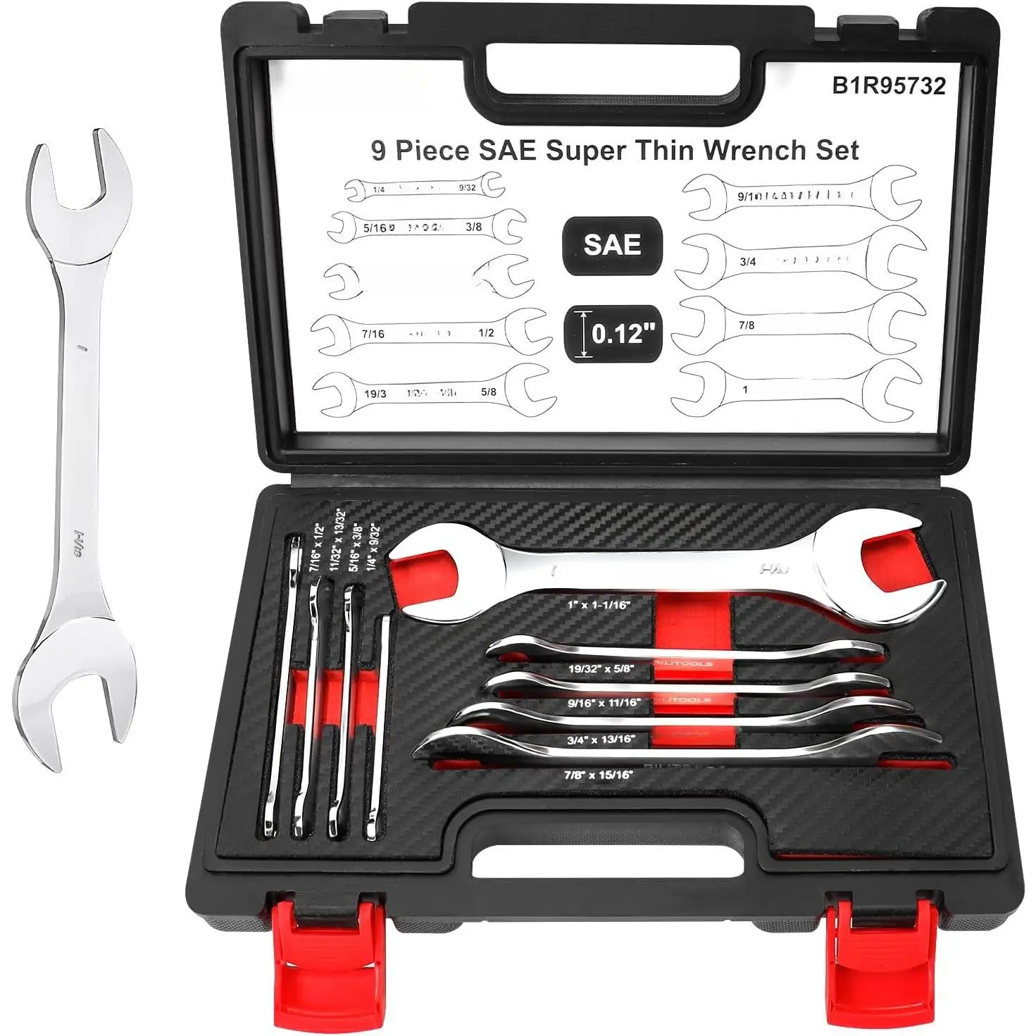 Ultra-Slim Carbon Steel SAE Open End Wrench Set, 18-Count Auto Repair Tools with Rust-Resistant Finish, Includes 1/4, 9/32, 5/16, 3/8, 11/32, 13/32, 7/16, 1/2, 19/32, 5/8, 9/16, 11/16, 3/4, 13/16, 7/8, 15/16, 1, 1-1/16 Inches Sizes