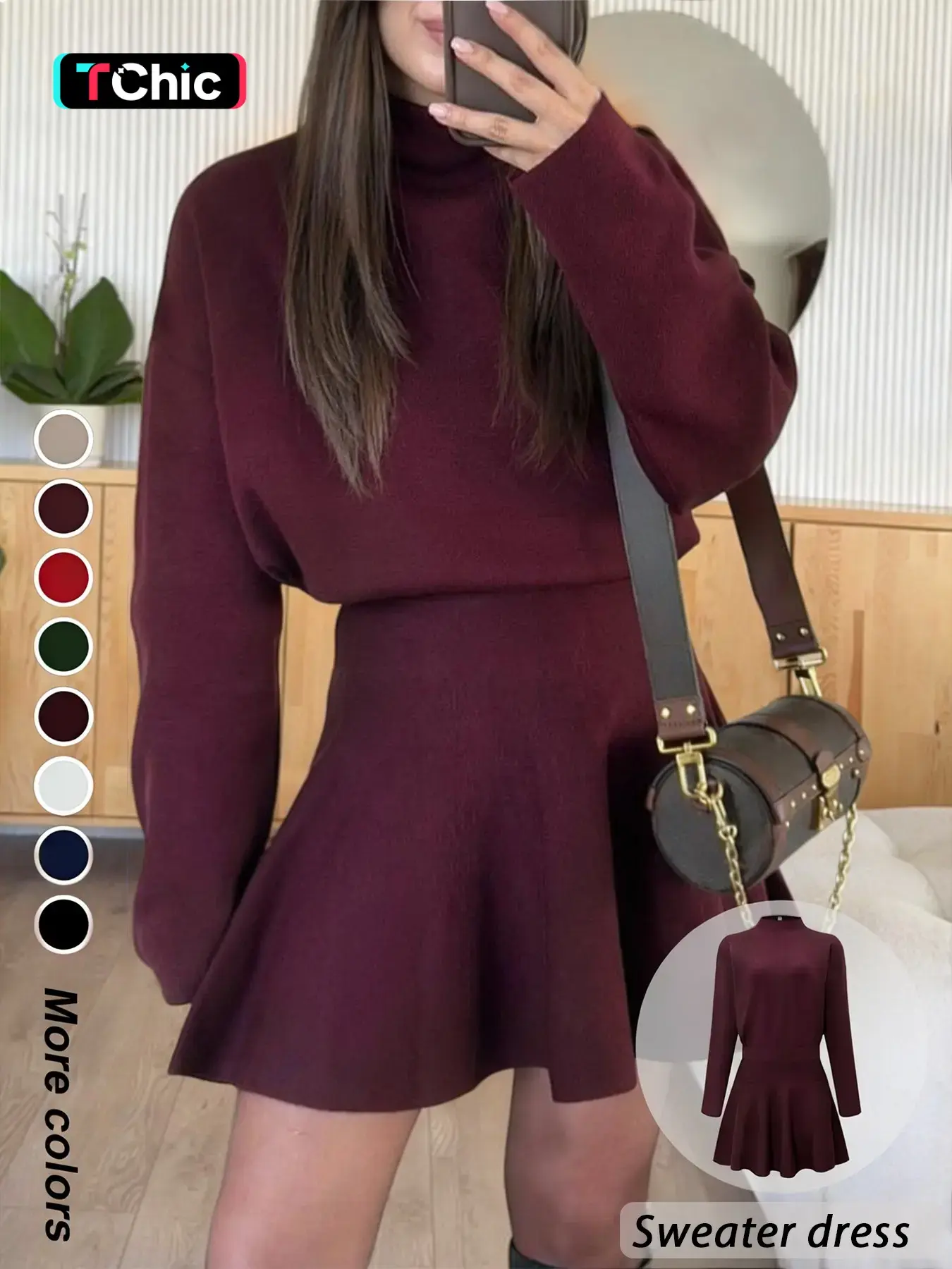 Women's Casual Basic Everyday Mock Neck Soft Sweater Dress, Casual Wear Fall/Winter Long Sleeve Solid Relaxed Fit Knit Dress Womenswear Casual Daily Outfit
