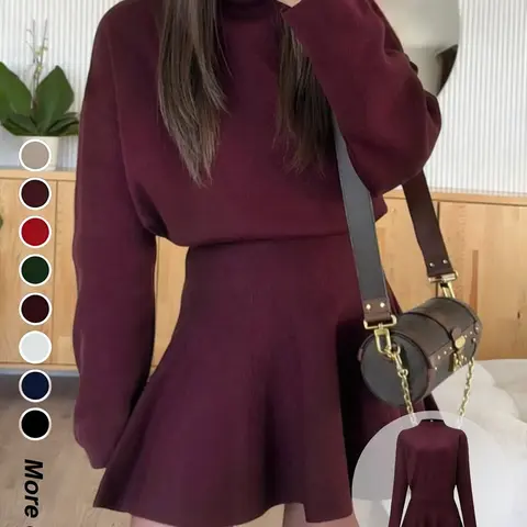 Women's Casual Basic Everyday Mock Neck Soft Sweater Dress, Casual Wear Fall/Winter Long Sleeve Solid Relaxed Fit Knit Dress Womenswear Casual Daily Outfit Casual Dresses