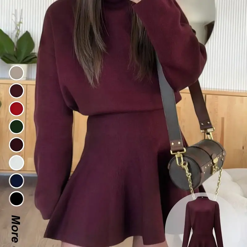 【Black Friday】Women's Casual Basic Everyday Mock Neck Soft Knit Dress, Fall & Winter Long Sleeve Solid Relaxed Fit Dress, Casual Wear