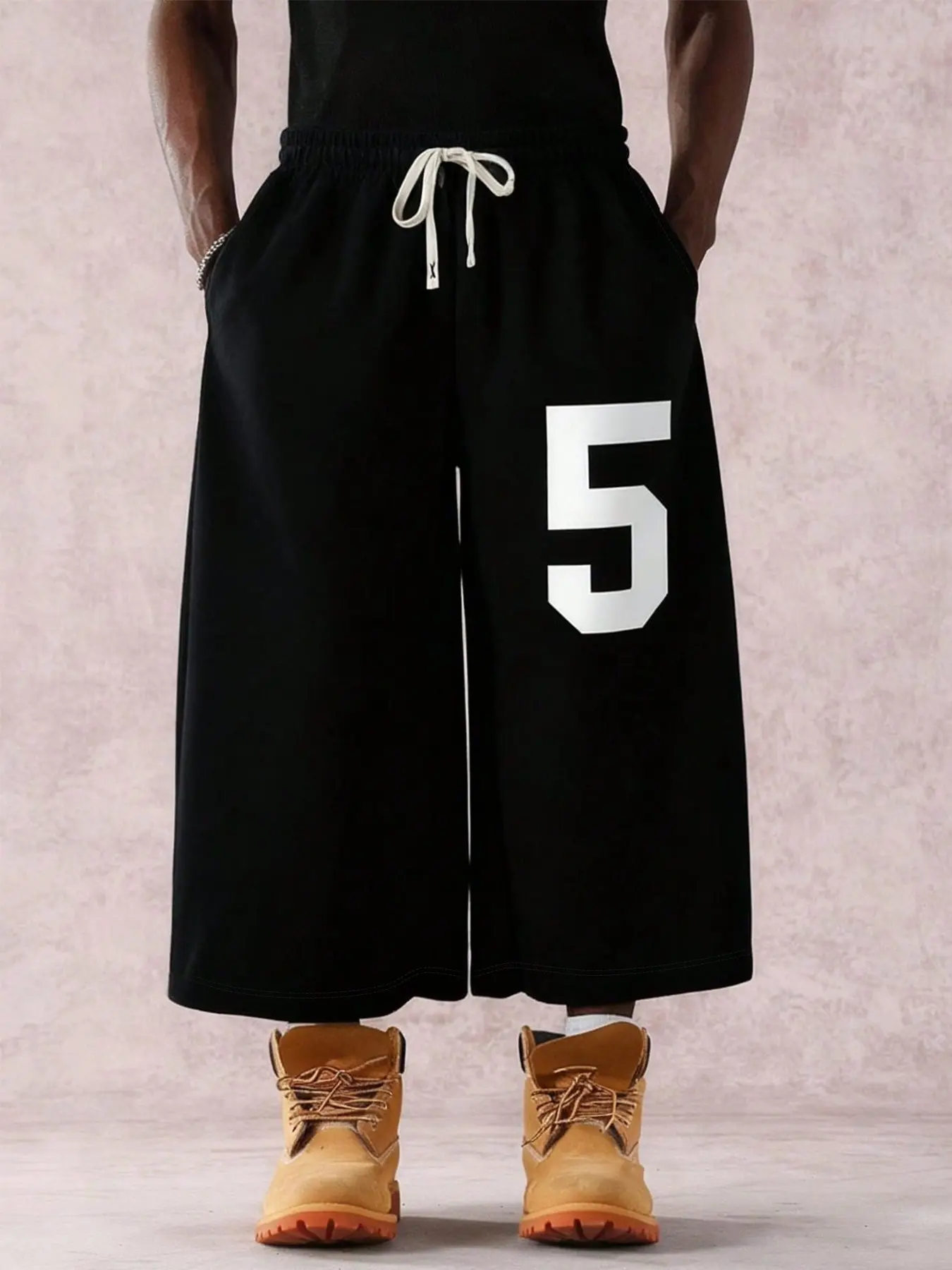Men's Loose Cropped Sweatpants, Athleisure style bottoms, Knitted Sports Pants with American Vintage Varsity Number 5 Print, Black Wide-Leg Athletic Joggers with Elastic Drawstring Waist, Wrinkle-Resistant, Soft, Breathable
