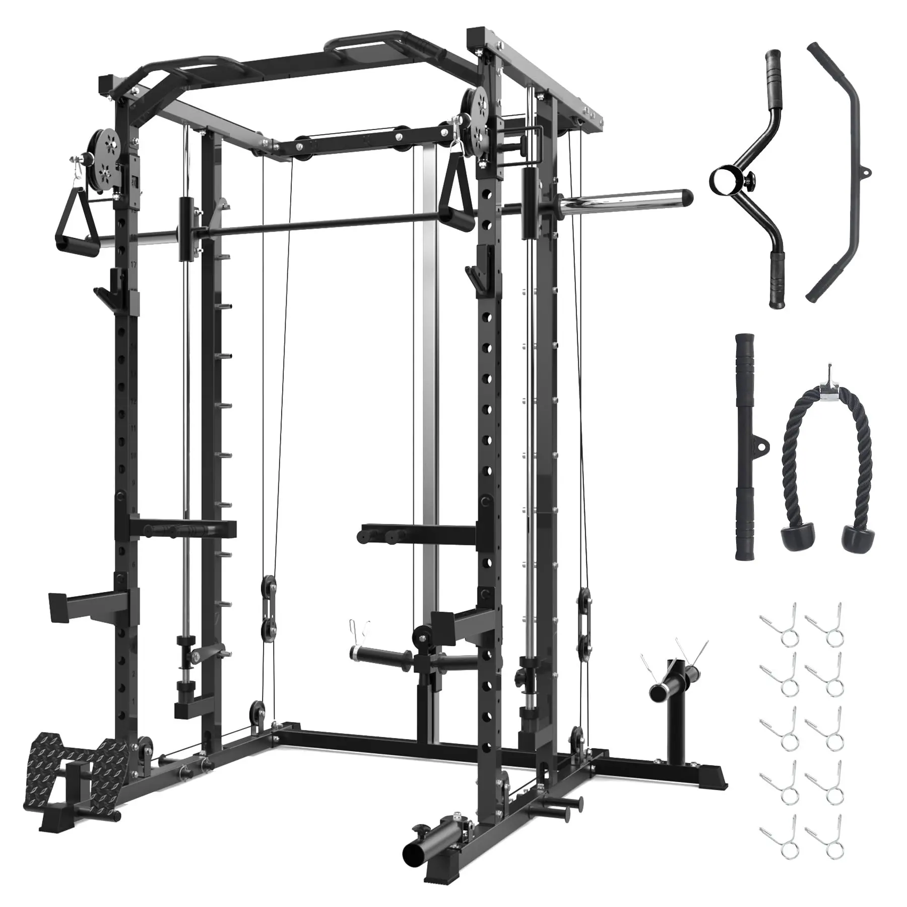 Smith Machine Squat Rack,Strength Training Power Cage with Pulley System, Dip Bar, LAT Pulldown, Multifunctional Workout Machine