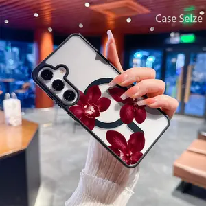 Phone Case: Elegant Deep Red Orchid Blooms with Soft Romantic Charm Black Border Magnetic Phone Case, Anti-Yellowing, Slim Lightweight & Bare Feel, Luxury Premium Design for Samsung Galaxy S22 S23Fe S24 S25 Plus Ultra, Trendy & Perfect