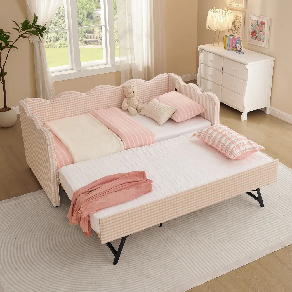 Twin Upholstered Daybed with Trundle, Twin-to-King Extendable Sofa Bed with USB Charging Ports, Wave-Shaped Linen Upholstered Design, No Box Spring Required, Easy Assembly for Living Room, Bedroom & Guest Room