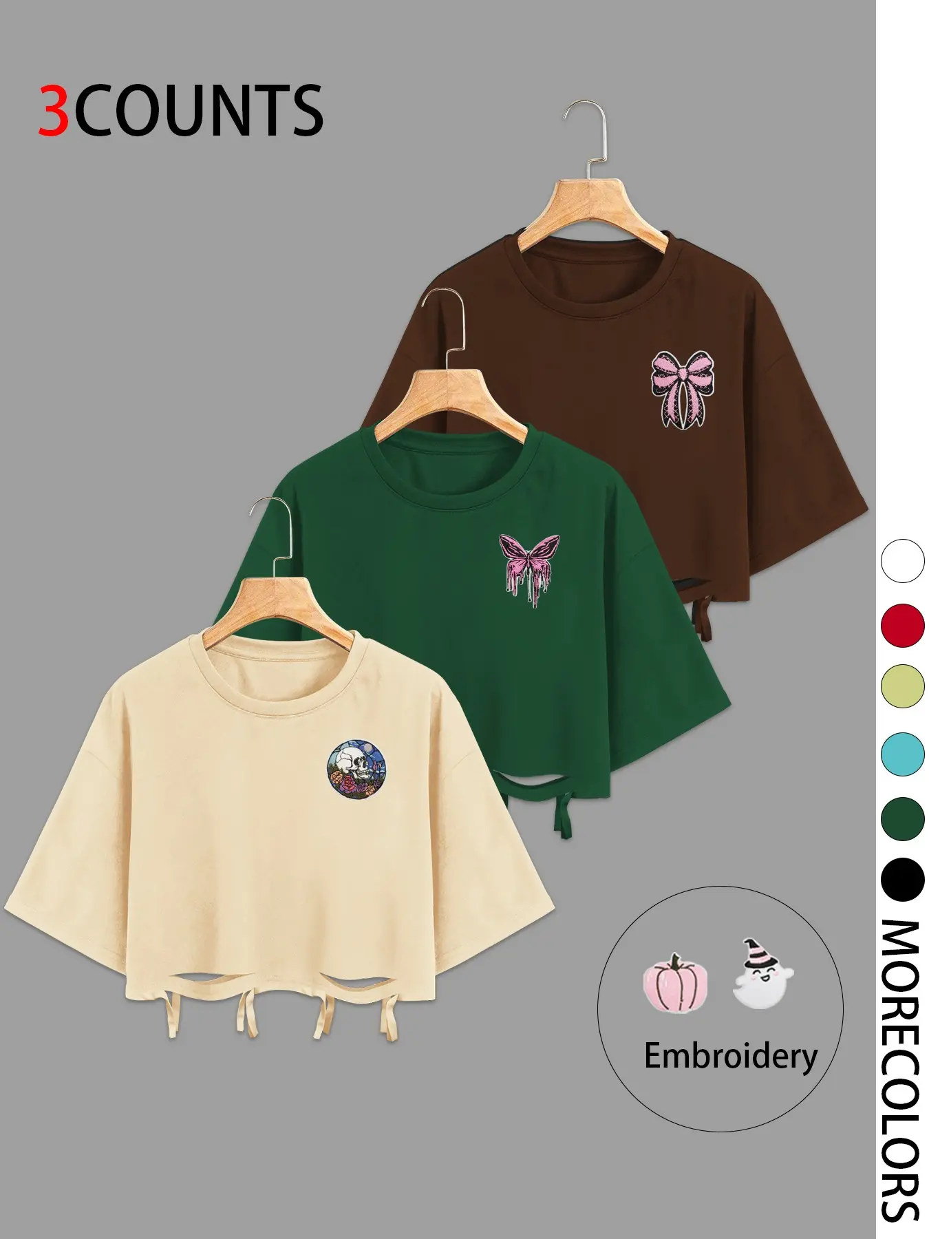 Women's Cropped Cutout Drawstring Casual Trendy Boho Tee Tops, Oversized Drop Shoulder, Edgy Embroidery Patches, Perfect for Music Festivals, All Seasons