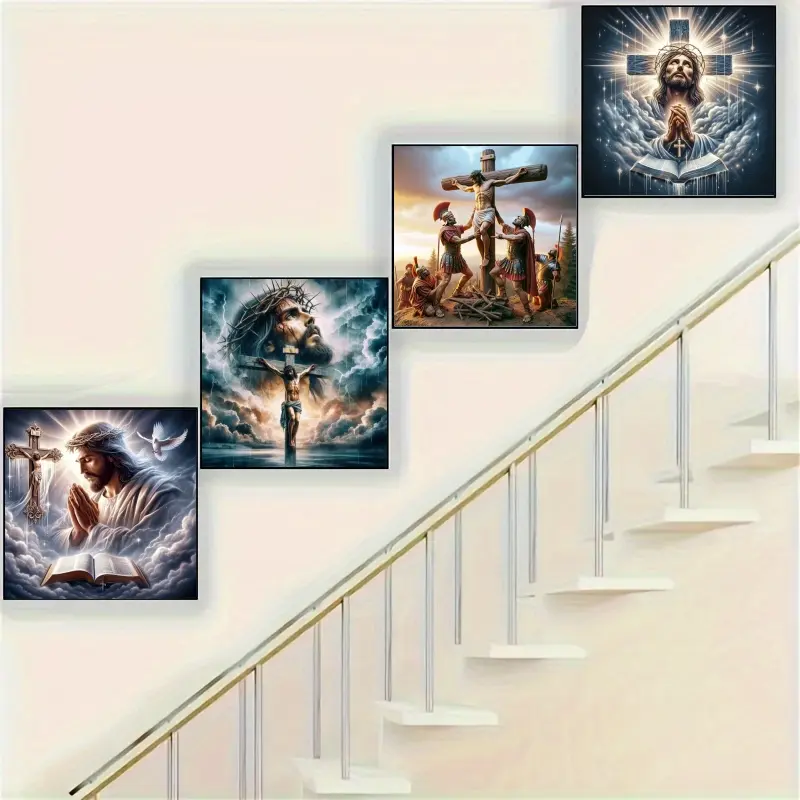 4 Piece Diamond Painting Kit, Wall Decorative Art Crafts Handmade Gifts Frameless, Religious Themed Jesus and Cross Patterns Suitable for Bedroom Adults and Beginners DIY 2D Diamond Painting Craft Kit, Ideal Gift, Perfect Living Room Wall Room Decoration