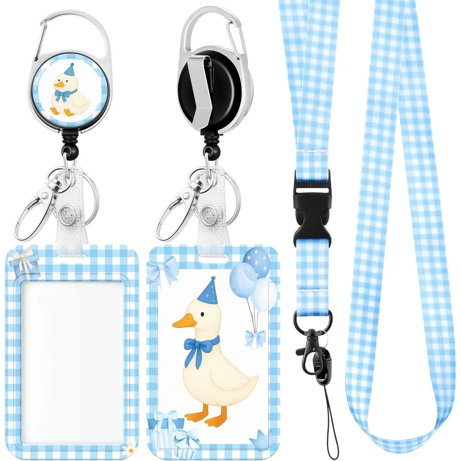 Silly Goose Lanyards for ID Badges Blue Gingham Funny Farm  with Bow Breakaway Lanyard with ID Holder Retractable Reel Clip  to School Supplies for  Students Teachers Nurse Office Worker