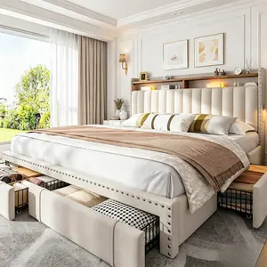 Queen Size Upholstered Platform Bed Frame with 3 Storage Drawers, 2-Tier Storage Headboard, Heavy Duty Wood Slats, Noise-Free, No Box Spring Needed