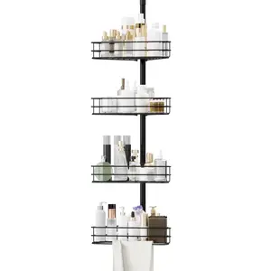 Garvee Adjustable Corner Shower Caddy Tension Pole, 76-110 in, 4-Tier Rustproof Bathroom Organizer Shelves with Built-In Towel Bars, Space-Saving Black Bathroom Storage Solution