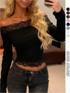 Women's Solid Lace Patchwork One Shoulder Long Sleeve T-Shirt, Sexy Fitted Casual Top, Perfect for Daily Wear