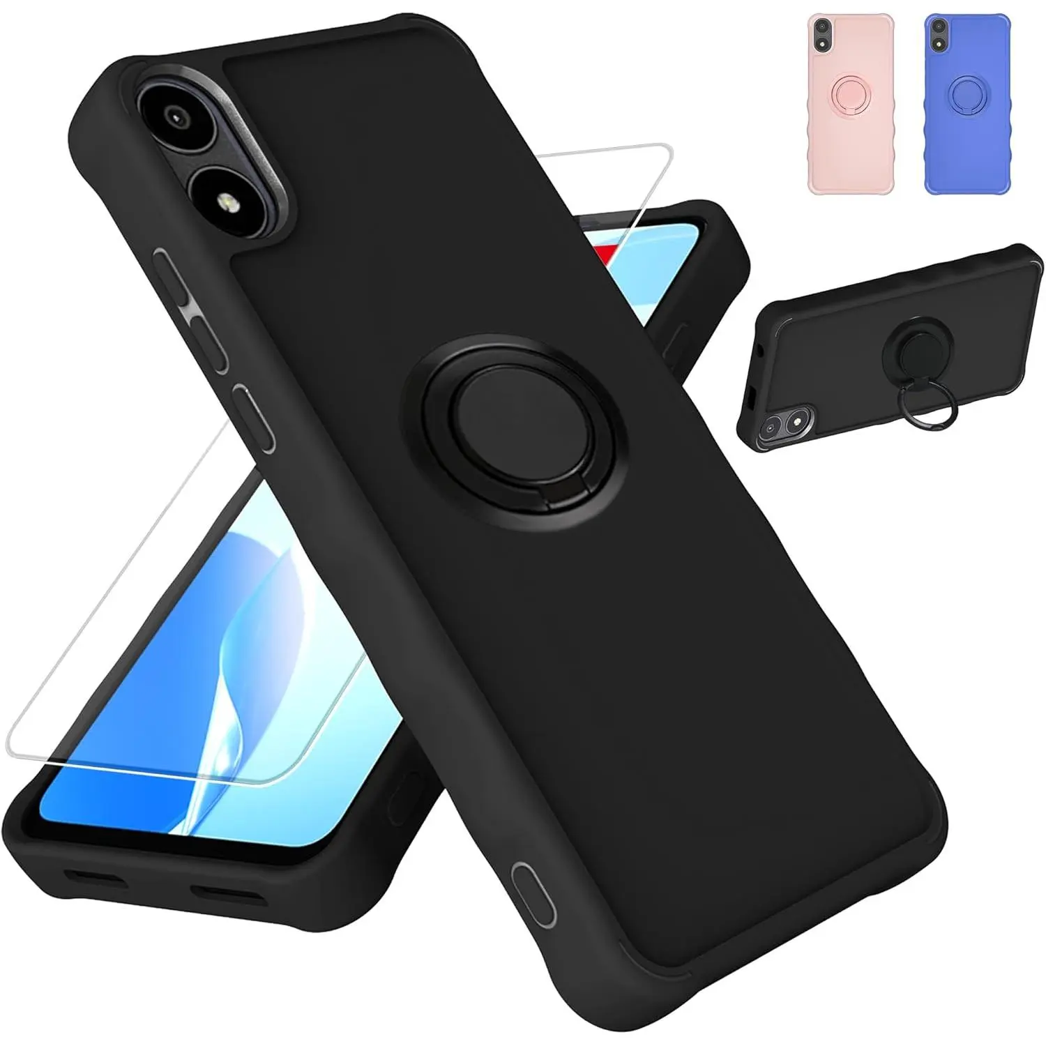 jioeuinly Heavy Duty Protection Case for AriVoice A67L & Foxx FoxxD A67L, with 2MM Thick Super Protection, Ring Support & Tempered Glass Screen Protector, Black