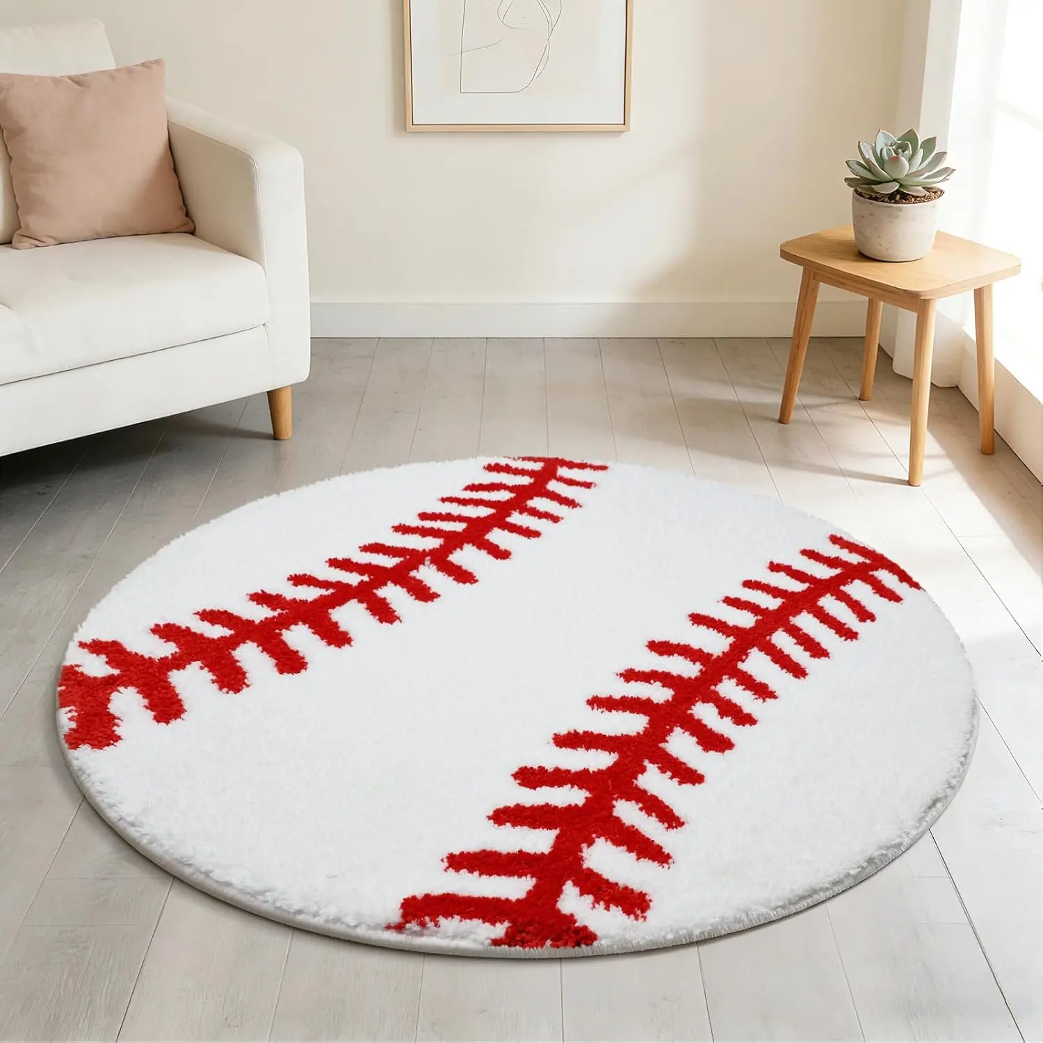 31.5 in Round Sport-Themed Baseball Flocking Fabric Rug, Non-Slip TPR Backing Soft Washable Area Rug for Boys Bedroom, Living Room Decor & Indoor Areas, Gift for Baseball Lovers, Round Shape