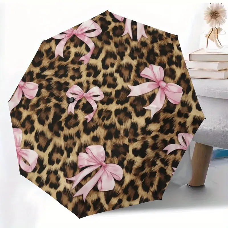 Leopard Print Bow Automatic Folding Umbrella, Lightweight Durable Sturdy Compact Travel Umbrella, 8-Rib Strong Frame, Unisex, Portable Outdoor Accessory
