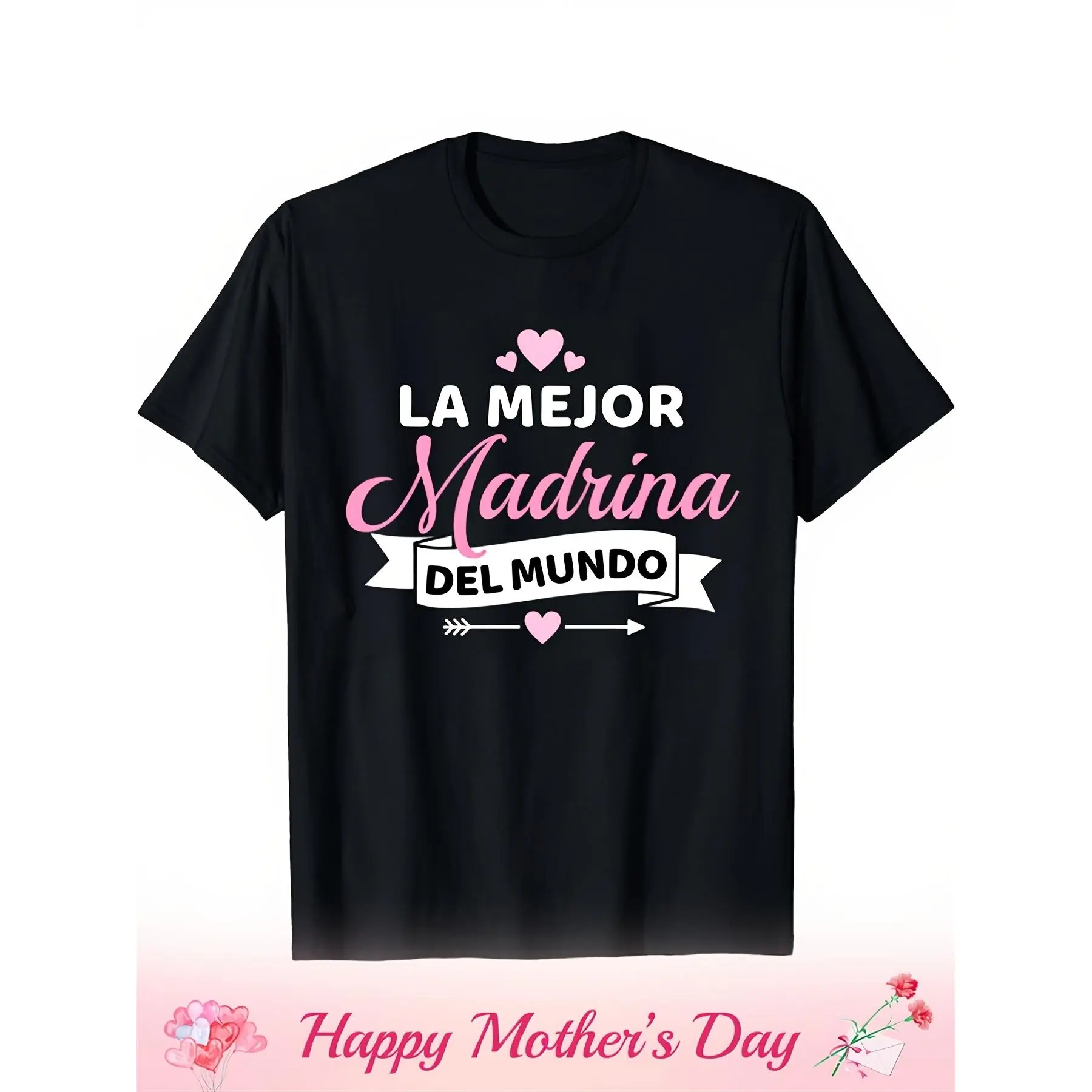 [100% Cotton] 100% Cotton  Women's Spanish Godmother T-Shirt - Best Madrina Gift Suitable for Godmother Birthday or Mother's Day, Retro Spanish Lettering & Hearts, Round Neck Short Sleeve Tee, Machine Washable Casual Top for Spanish-Themed Apparel