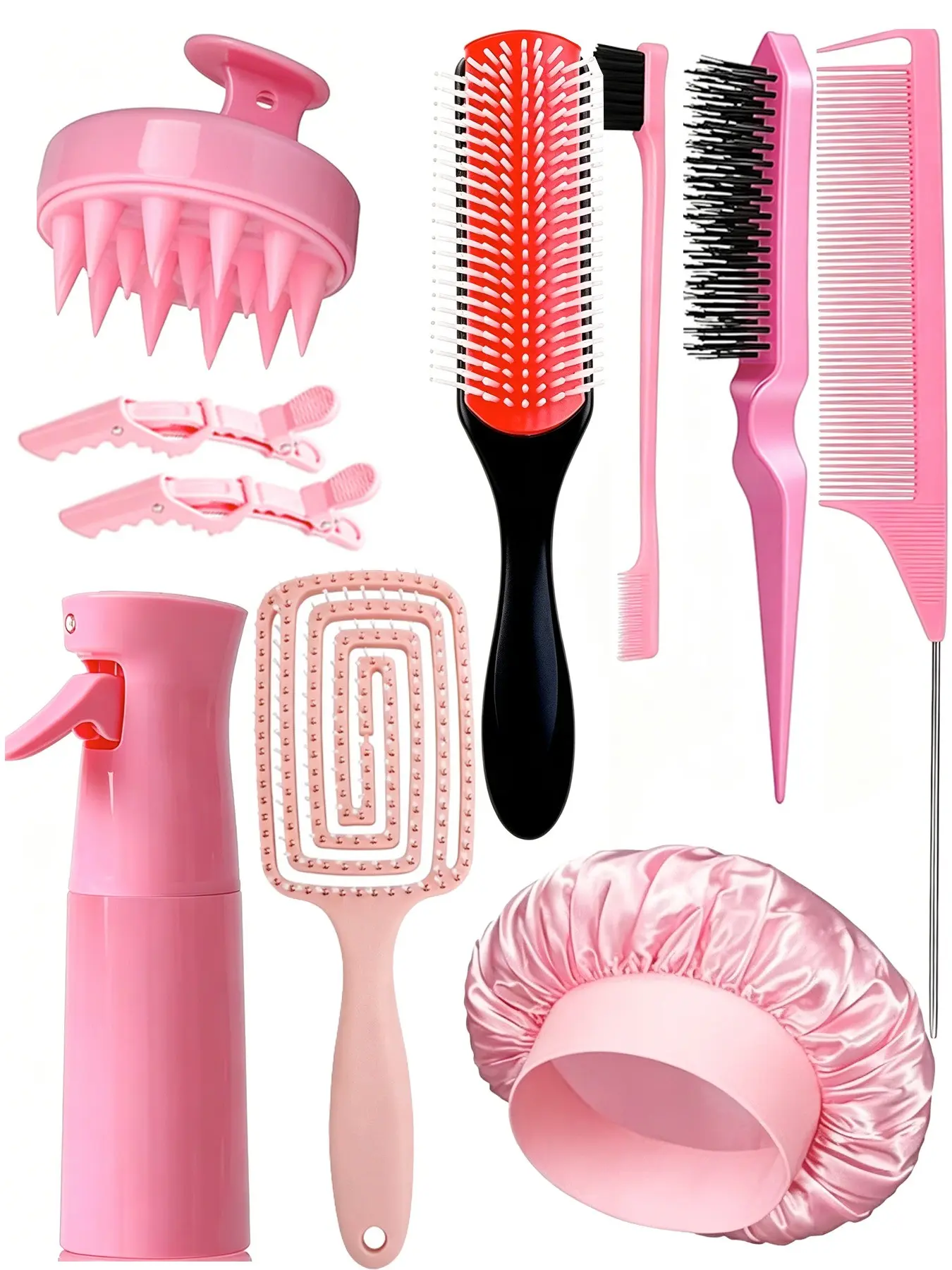 10 Piece Hair Brush Set with Sleep Cap, Styling Brushes, Spray Bottle, Suitable for Dry Wet Hairstyles, Adults & Kids