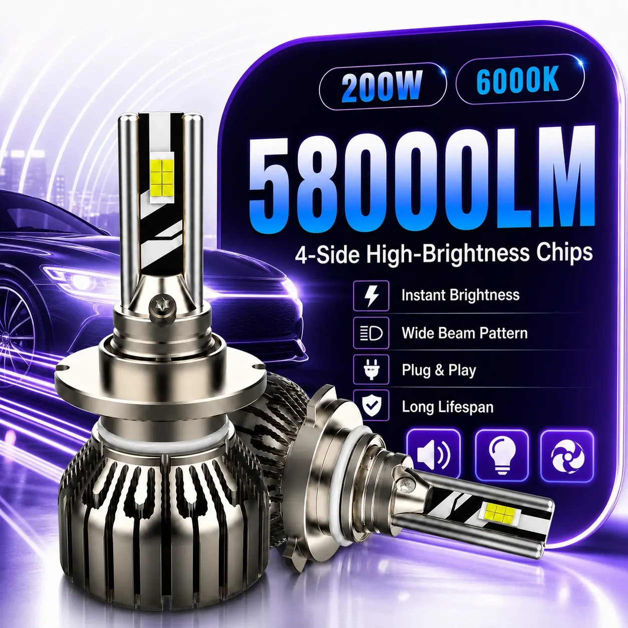 2-Pack 6000K Cool White LED Headlight Bulbs, 4-Sided CSP Super Bright Halogen Replacement, CANbus-Ready Plug-and-Play Car Headlight Upgrade, Quiet Cooling Fan, Focused Beam Design for Select Cars, Trucks & SUVs