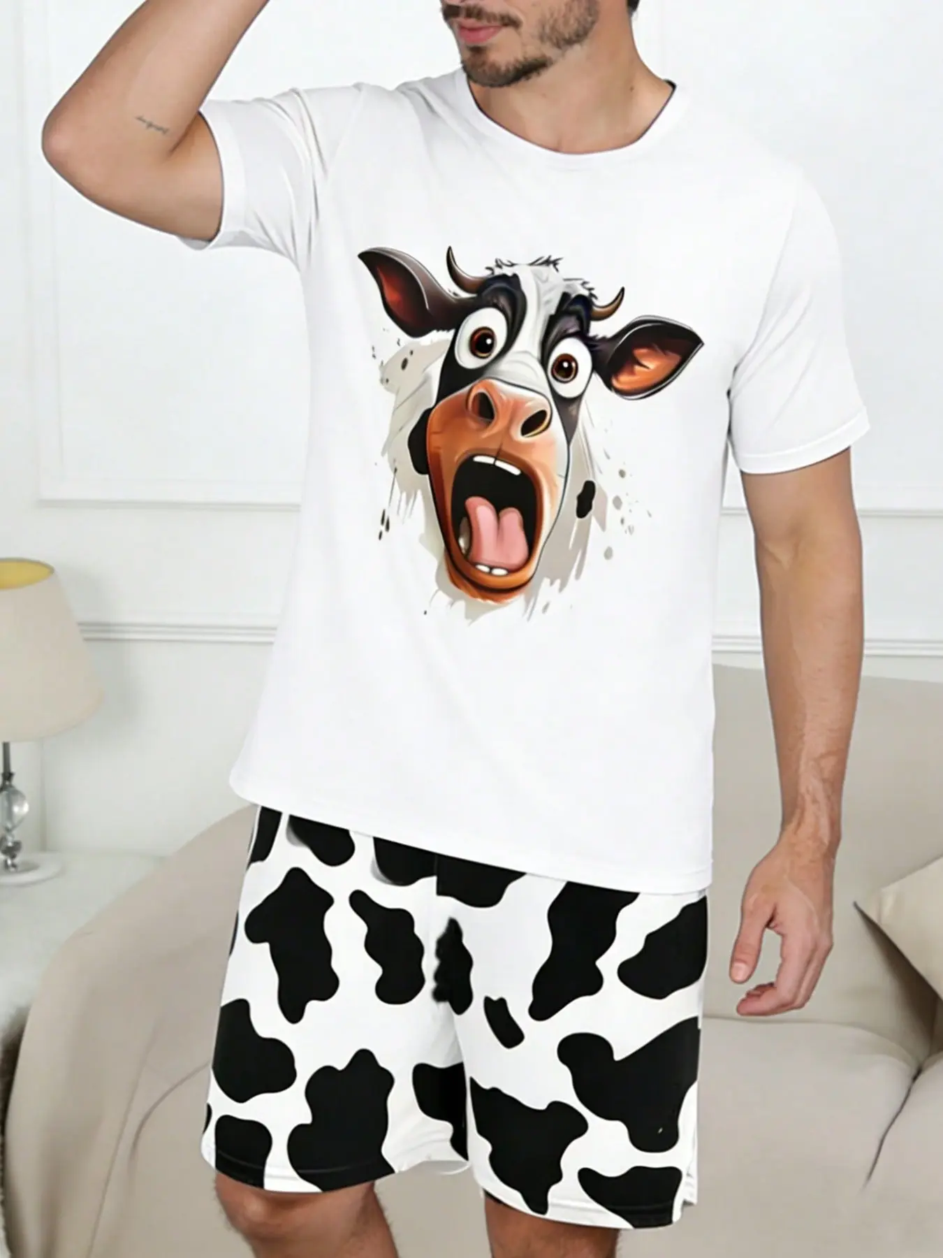 Men's Short Sleeve Pajama Set, Cow Print Cartoon Round Neck, Loose Fit Two-Piece Sleepwear, Nightwear Set, Fun Home Wear, Casual Home Pjs, Comfortable Night Clothes, Loungewear, Pyjamas
