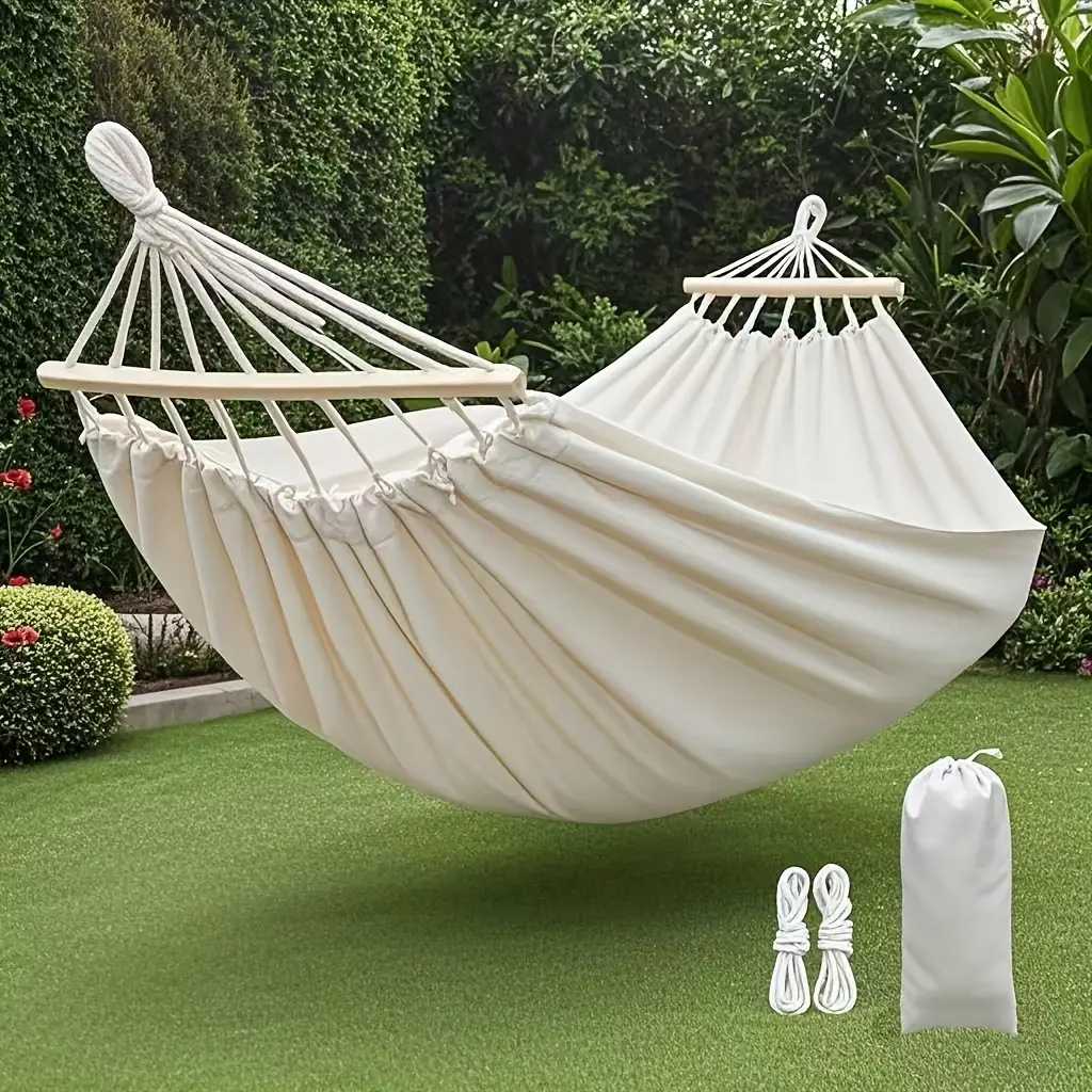 Outdoor Canvas Hammock with Curved Stick, Thickened Anti-Rollover And Anti-Tilt, Suitable for Camping And Rest