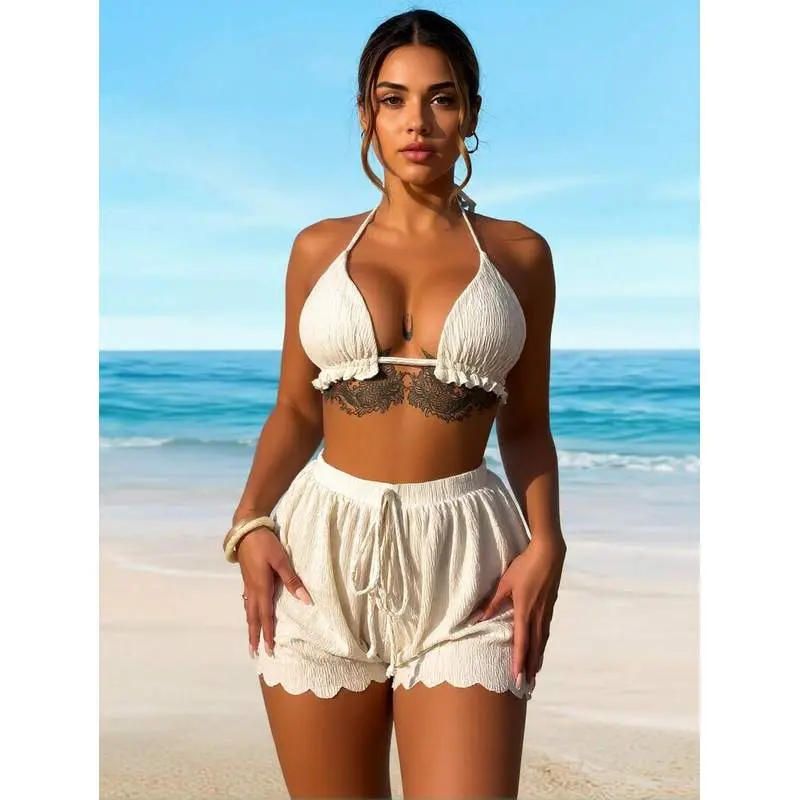 Women's White Textured Triangle Bikini Top With Ruffle Trim & Scalloped Hem Shorts, 3 Piece Swimsuit Set With Beach Cover Up, Summer Beachwear, Pool Party, Tropical Vacation, Resort Wear, Beach Club Outfit, Cruise Wear, Spa Day, Sunbathing, Festival Wear,