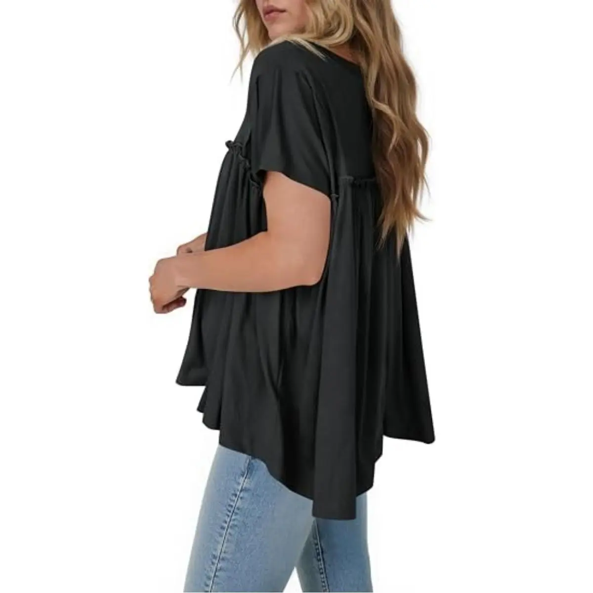 【NEW】Imily Bela Womens Summer Babydoll Tunic Tops Pleated Short Sleeve Crew Neck Peplum T Shirts Casual Loose Fit Outfits Womenswear Blouse church outfit Breathable Chic