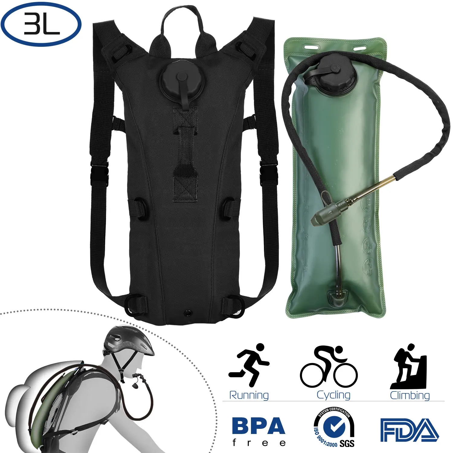 3L Hydration Backpack, Tactical Water Bladder Pack with Adjustable Straps, Outdoor Drinking Pack for Hiking, Cycling, Running & Climbing