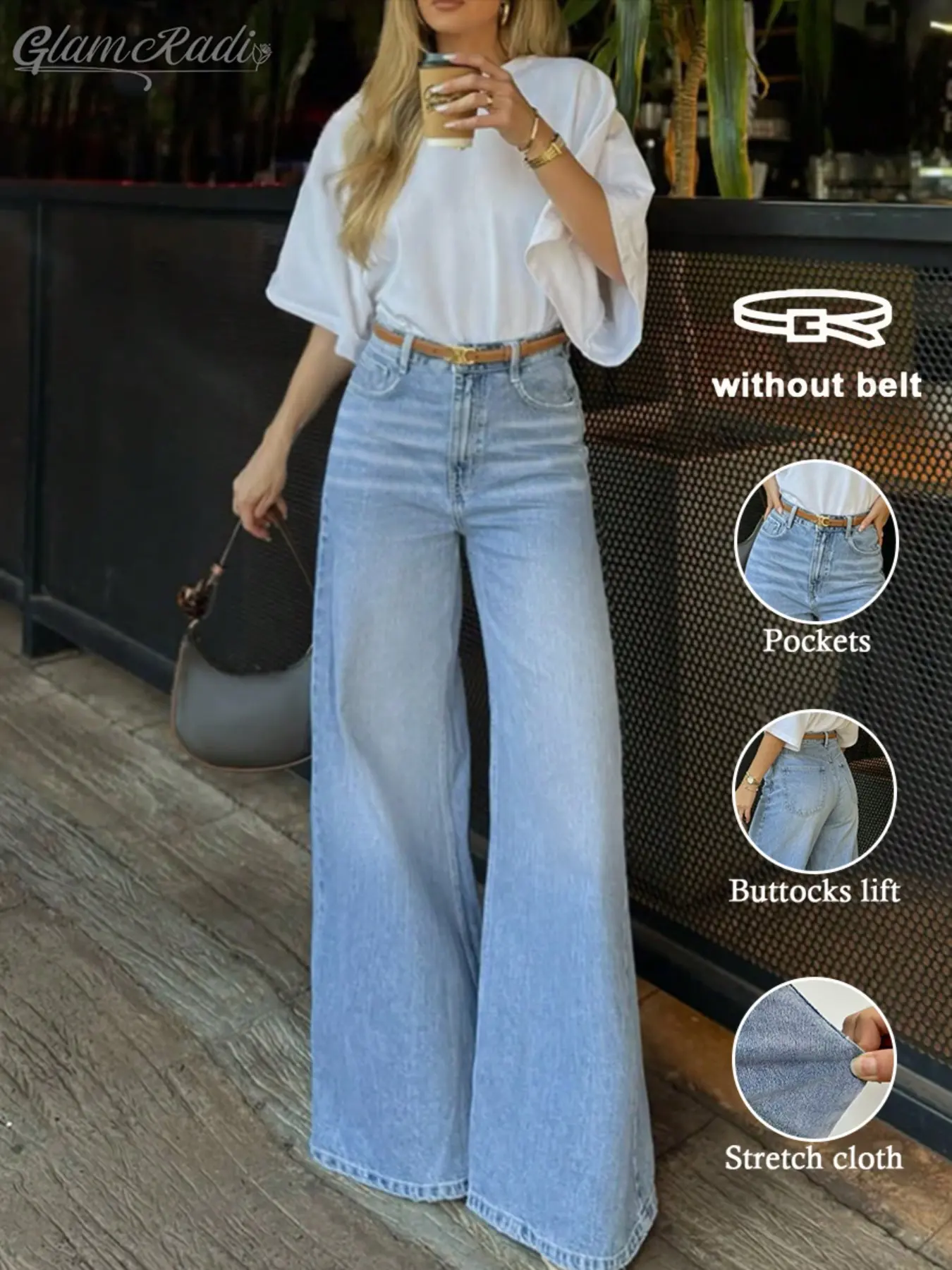 Light Blue Gradient Wash High Waist Loose Fit Oversized Wide Leg Denim Jeans for Women, Elegant Long Straight Pants for Daily Wear, Office, Travel, Leisure