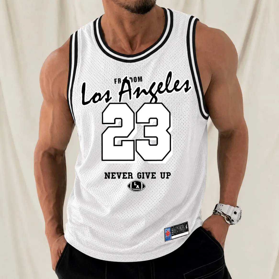 Male Retro Mesh Fabric Tank Top "Los Angeles 23 Never Give Up" Basketball Graphic, Loose-Fit Sleeveless Athletic Jersey-Style Top, Breathable for Workouts, Casual Street-Style Summer Wear, Machine Washable