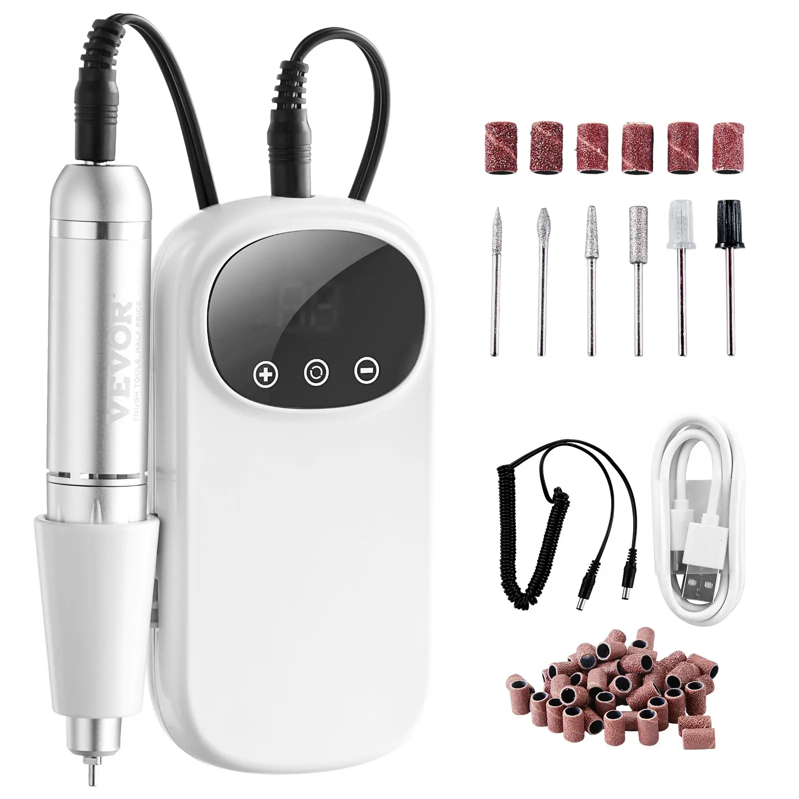 VEVOR Aluminium Electric Rechargeable Nail Drill, 35000RPM Portable Cordless Nail E-File Machine, LCD-Display Acrylic Gel Grinder Tool with 6 Bits, 50PCS Sanding Bands for Manicure, Pedicure, Nail Art