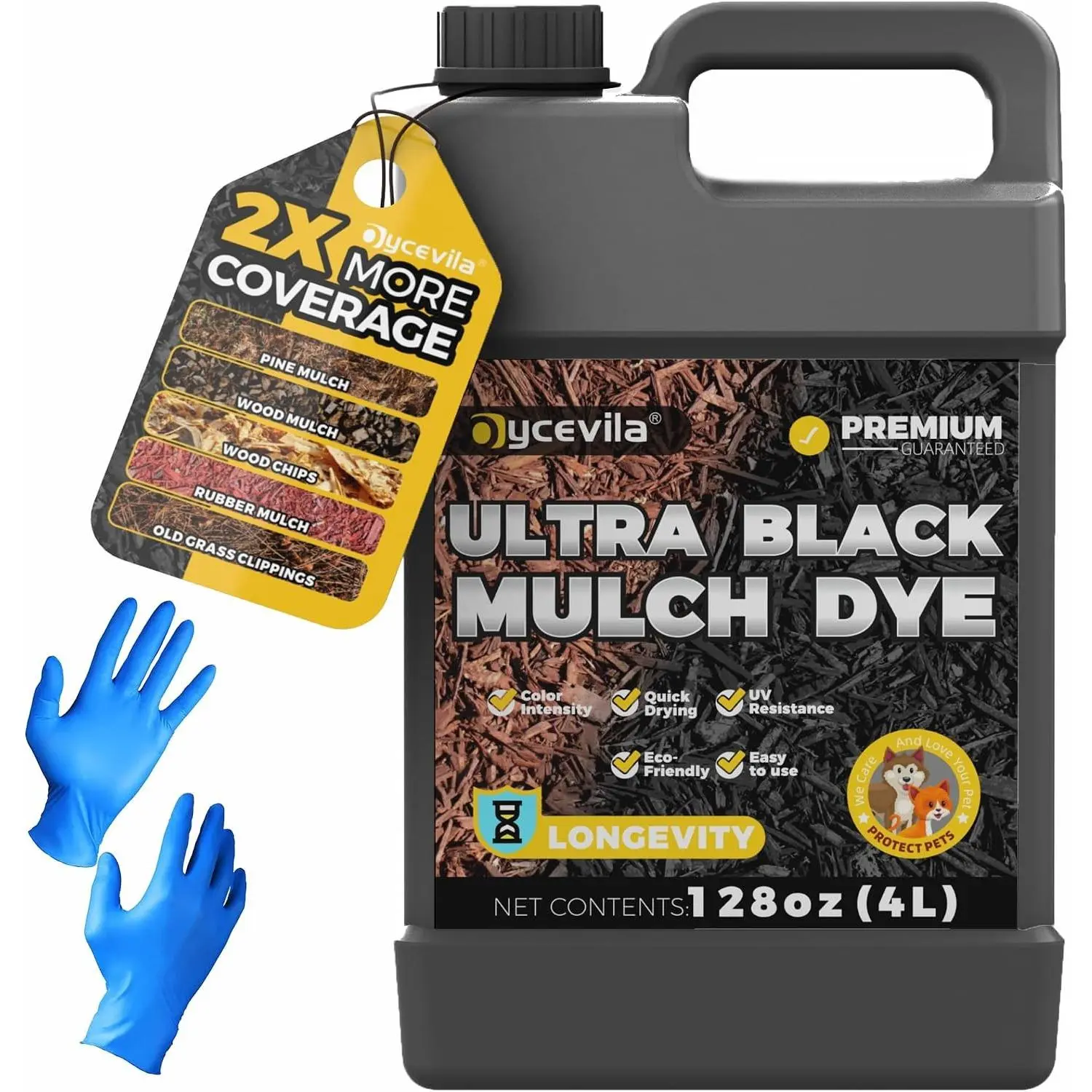 128oz Concentrated Ultra Black Mulch Dye with Gloves, Liquid Rubber Dye Spray Covers up to 14400 Sq. Ft, Long-Lasting Black Bark Paint for Mulch Restoration Enhancement and Landscaping