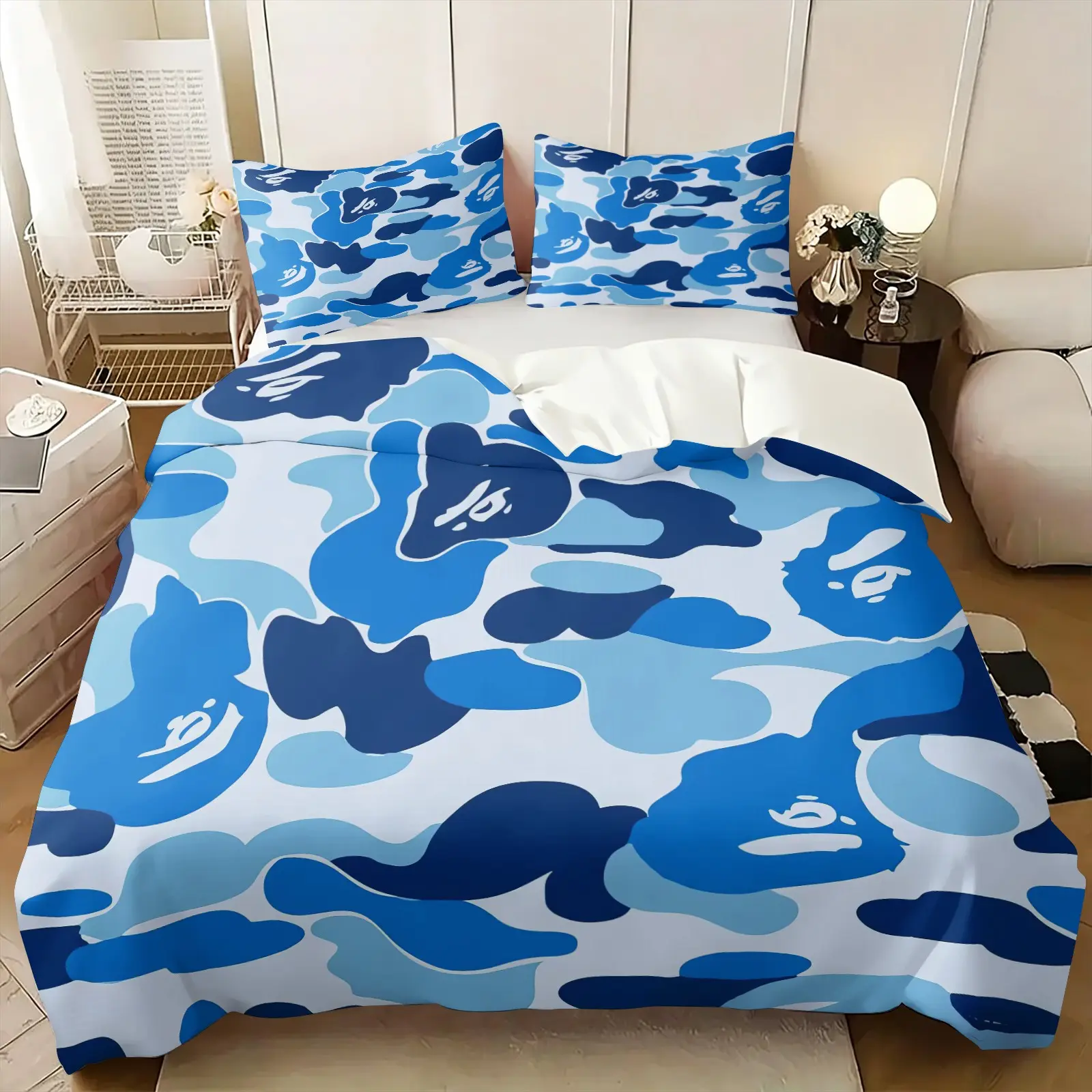White Base Light Dark Blue Gradient Camo Abstract Monkey Print Duvet Cover Set, Include 1 Quilt Cover and 1/2 Pillowcases, Cool Tone Fresh Camo Pattern Soft Comfortable Comforter Cover, Trend Lovers & Teens Birthday Holiday Gift