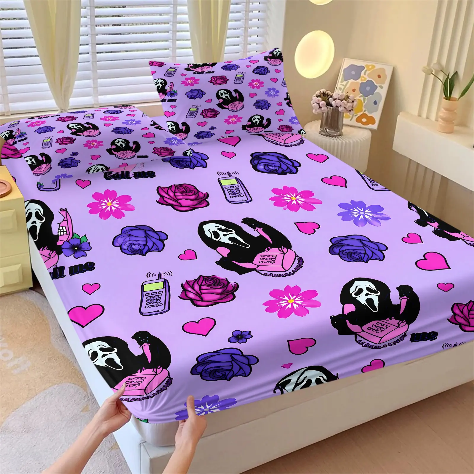 3PCS Pastel Horror Ghostface Fitted Sheet Set (1 Fitted Sheet+2 Pillowcases), Soft Skin Friendly Fabric, Stretch Deep Pocket, HD Digital Print, Printed Bedding Set, Bedroom Decor Accessories, Unique Gift for Halloween