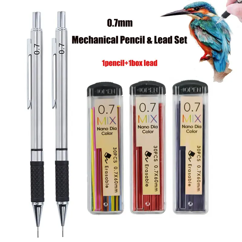 Creative 0.7mm Metal Mechanical Pencil Set with Color Refill Lead, Anti Slip Soft Set Grip Handle Activity Automatic Pencil for Office School Drawing Sketching Writing Stationery(1pencil+1box lead)