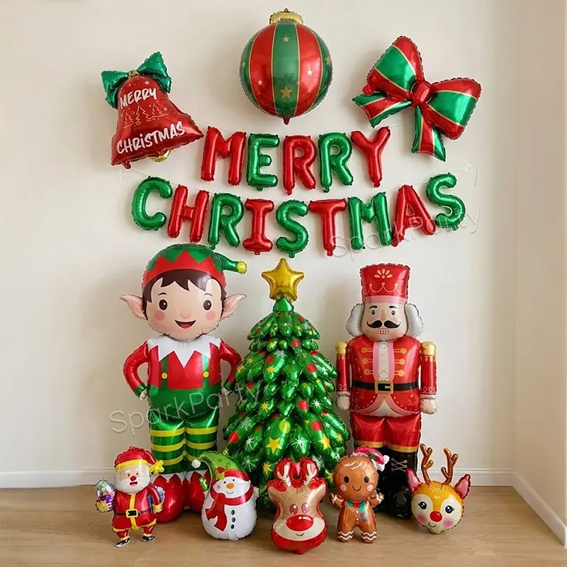 25pcs Christmas Tree Decoration Balloons Set, 4D Standing Assembled Balloons, Nutcracker Soldier/fairy Shapes, Indoor Living Room Decor
