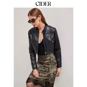 Cider Faux Leather High Neck Solid Pocket Biker Crop Jacket SummerFinds