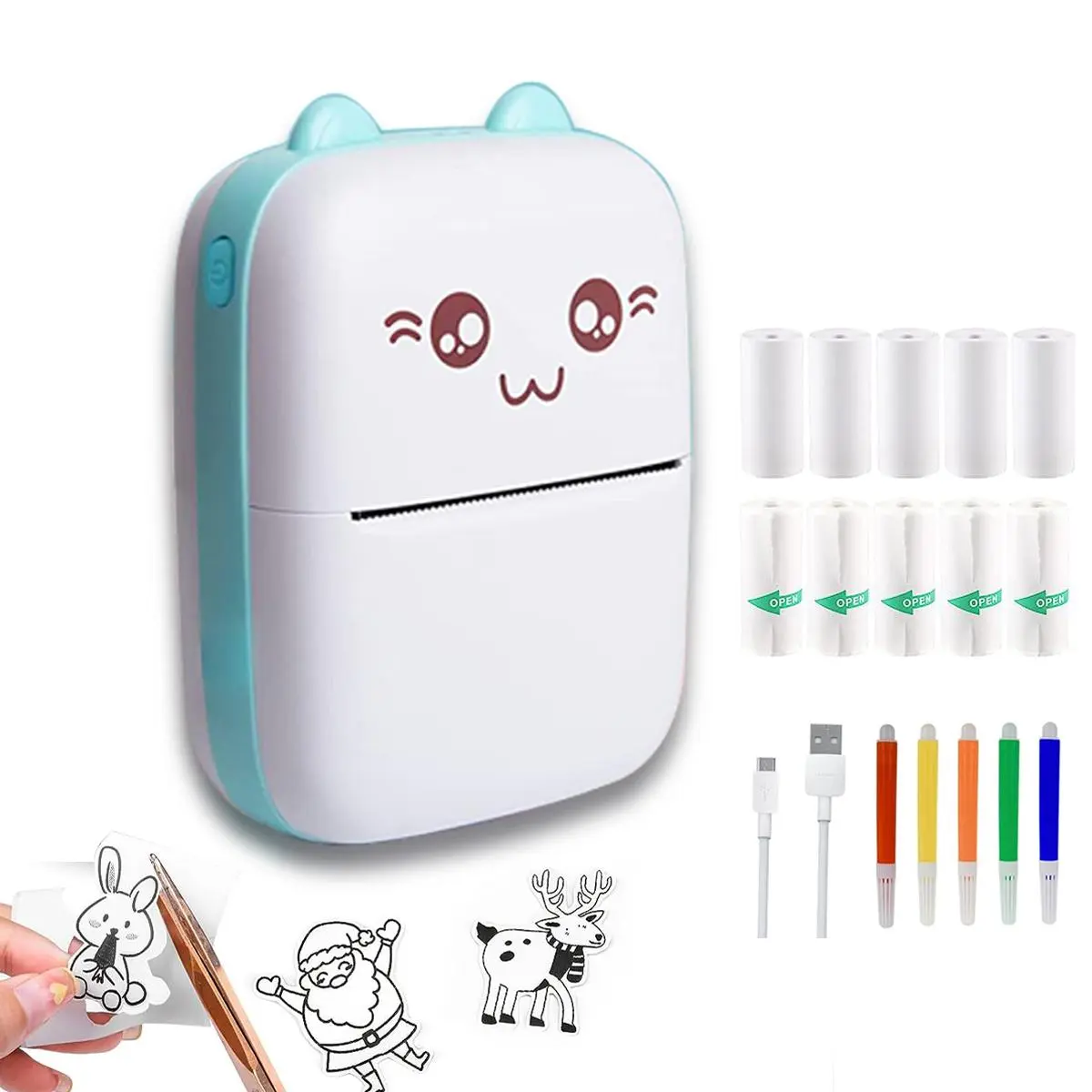 Portable Mini Printer, 1 Set USB Charging Printer with 5 Rolls Paper & 5 Rolls Self Adhesive Paper & 5 Counts Marker & USB Cable, Compatible with iOS & Android