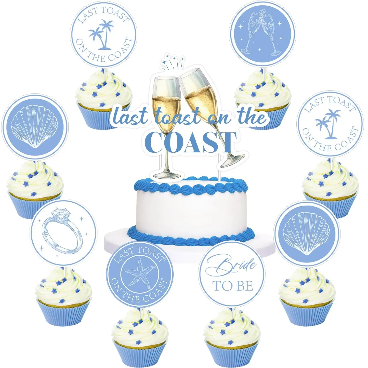 1Set Last Toast on the Coast Bachelorette Decorations Coastal Bachelorette Cake Toppers Blue Champagne Diamond Ring Coconut Tree Cupcake Toppers for engagement Bridal Shower Bachelorette Party Supplies