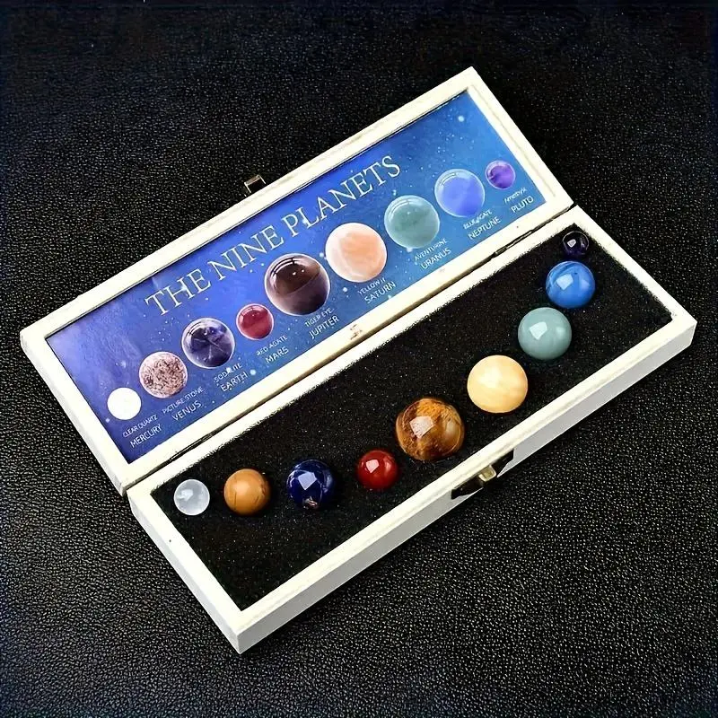 Solar System 9 Planets Natural Stone Set,  Crystal Galaxy Decor Collection, Polished Mineral Specimen Ornaments, Unique Gift Box Set for Astronomy Lovers & Home Desktop Display