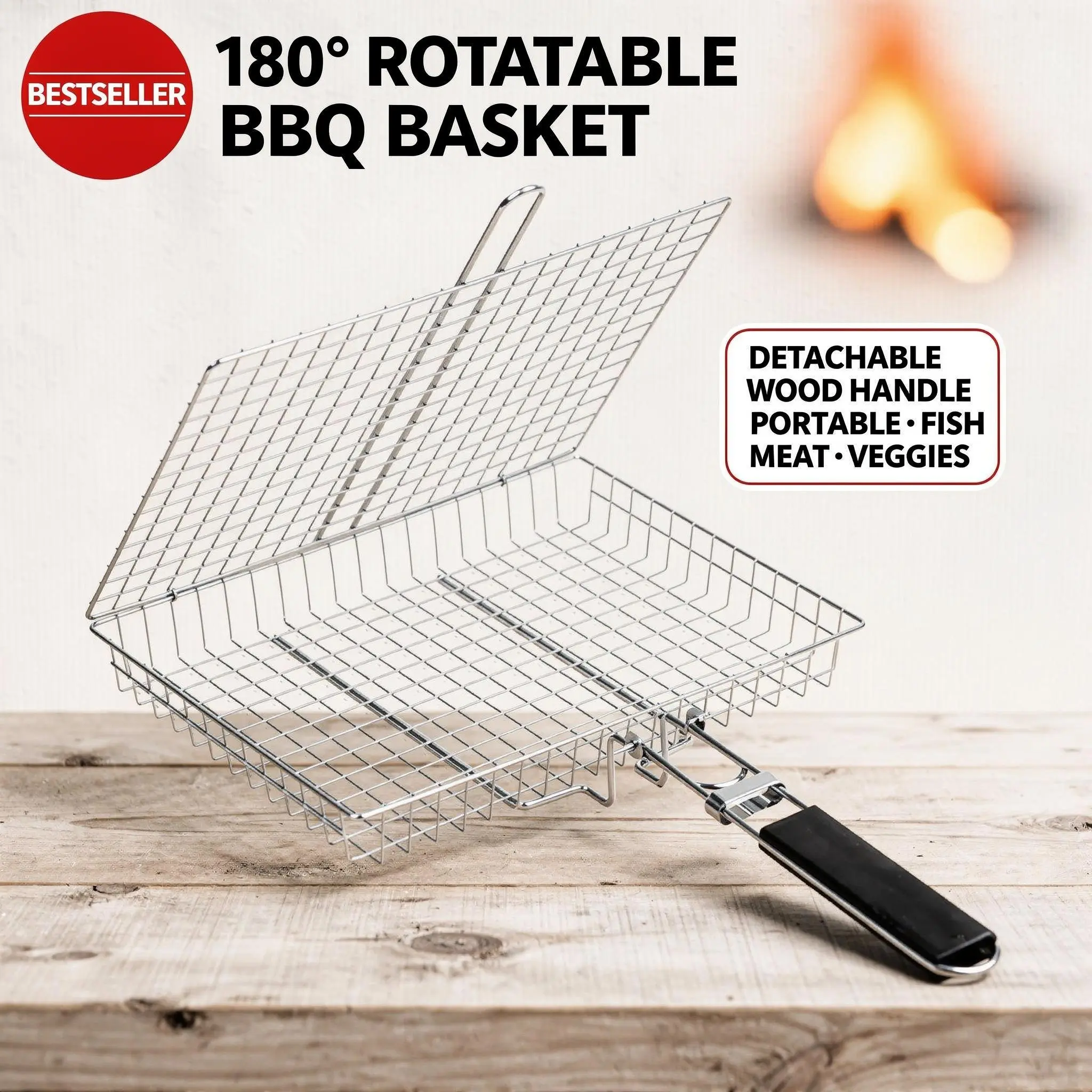 Flip Grill Basket for BBQ, Stainless Steel Grill Basket with Long Handle for Fish, Steak, Vegetables & Outdoor Cooking
