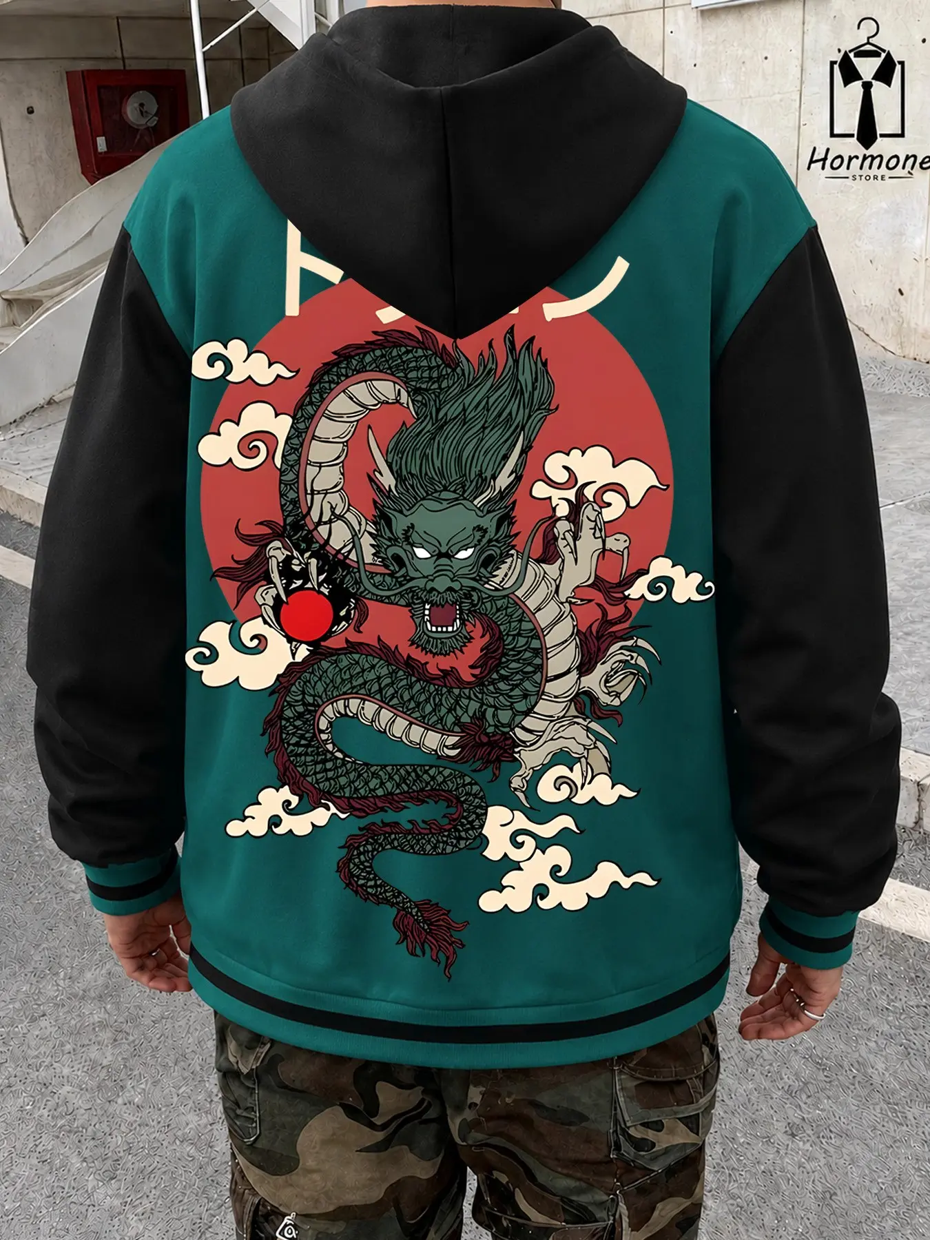 Japanese Streetwear Dragon Graphic Varsity Jacket - Oversized Harajuku Bomber Coat with Bold Back Print & Katakana Text, Perfect Casual Outerwear for Skater Boys & Unisex Daily Outfit